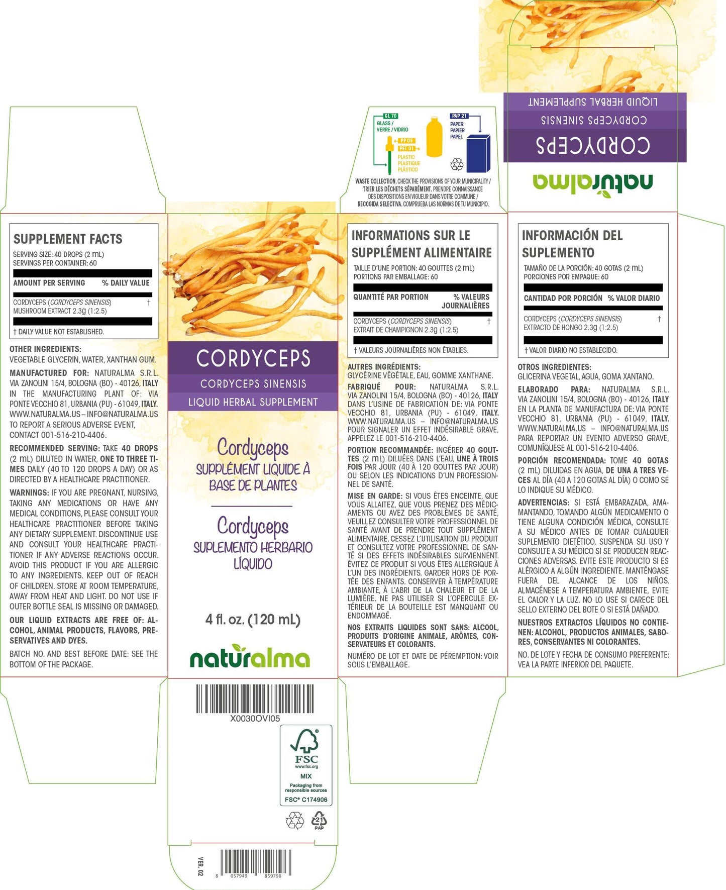 Naturalma Cordyceps (Cordyceps sinensis) fungus or mushroom Alcohol-free Tincture - Liquid extract in drops - Herbal supplement - Vegan