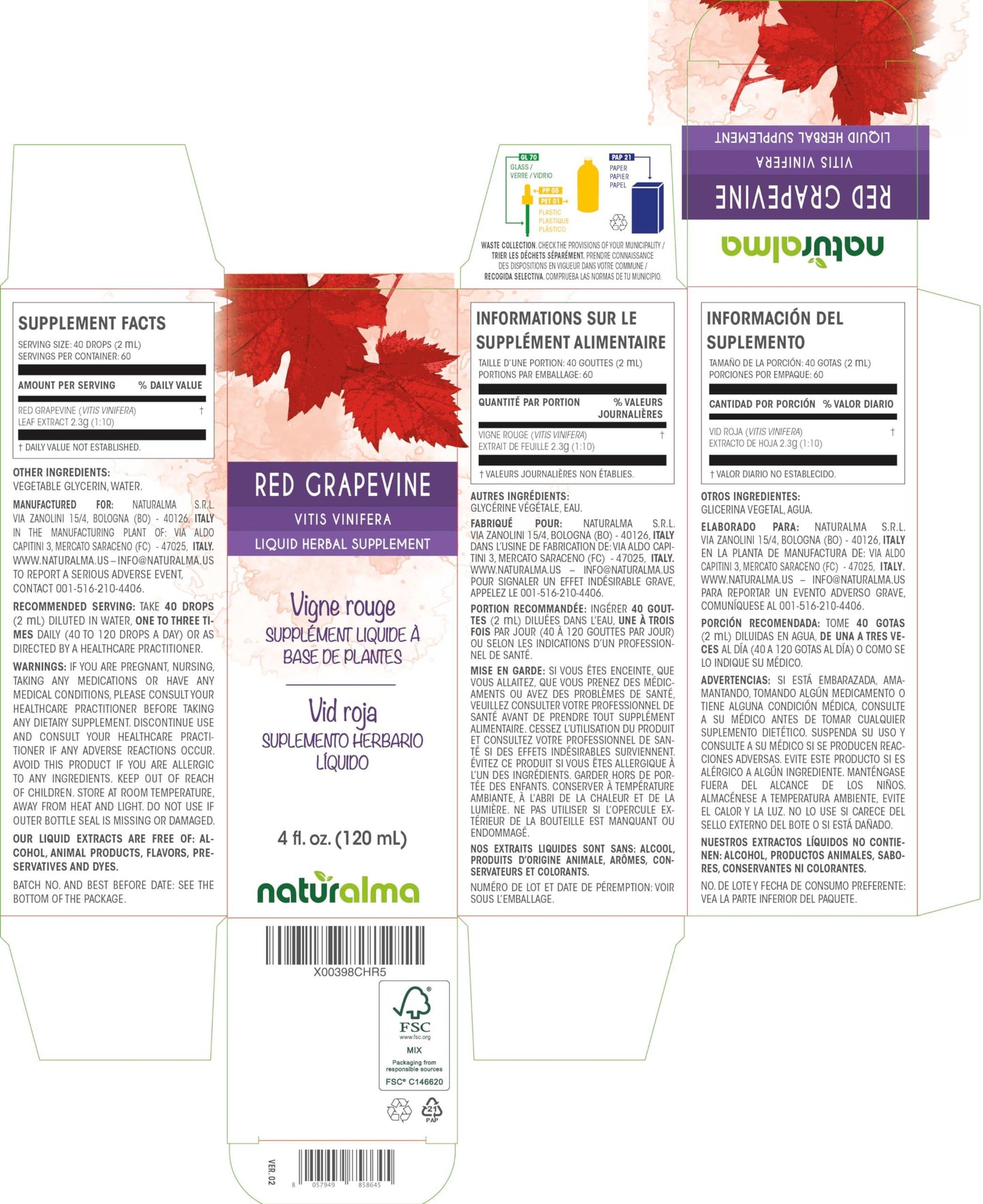 Naturalma Red Grapevine (Vitis vinifera) Leaf Alcohol-Free Tincture - Liquid Extract in Drops - Herbal Supplement - Vegan