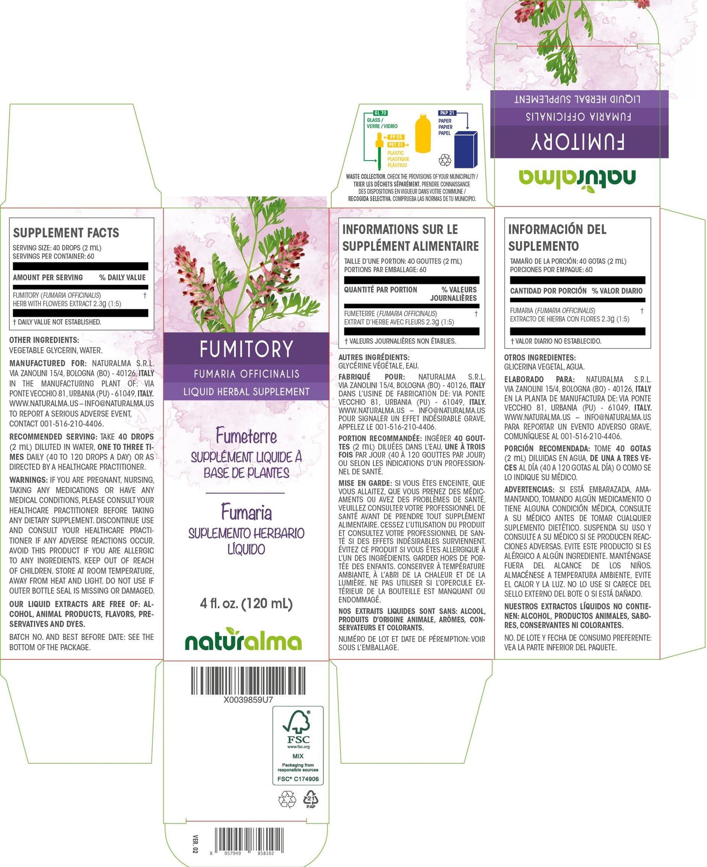 Naturalma Fumitory (Fumaria officinalis) herb with flowers Alcohol-free Tincture - 4 fl oz Liquid extract in drops - Herbal supplement - Vegan