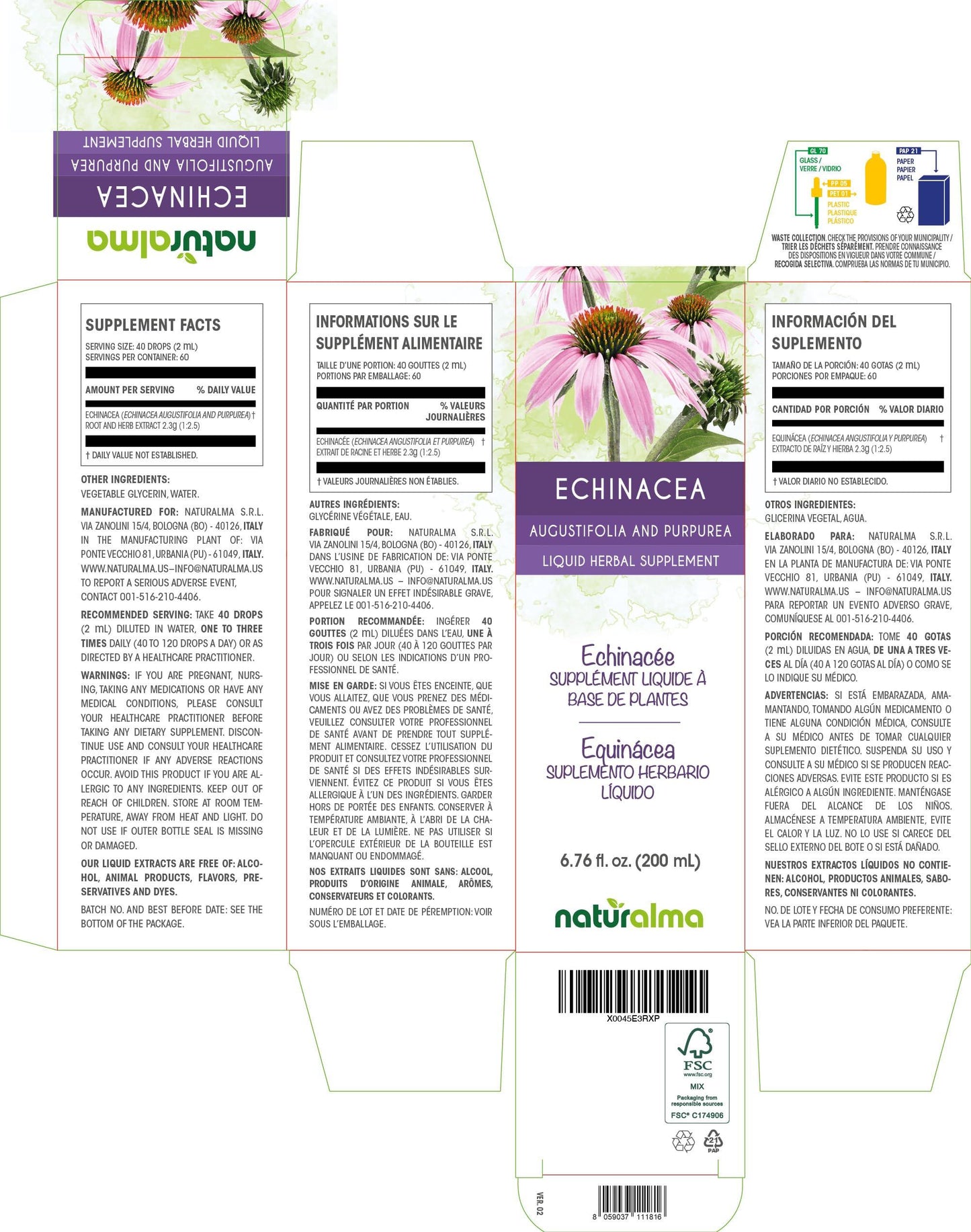 Naturalma Echinacea (Echinacea angustifolia and purpurea) Root and herb Tincture - Liquid Extract in Drops - Herbal Supplement - Vegan