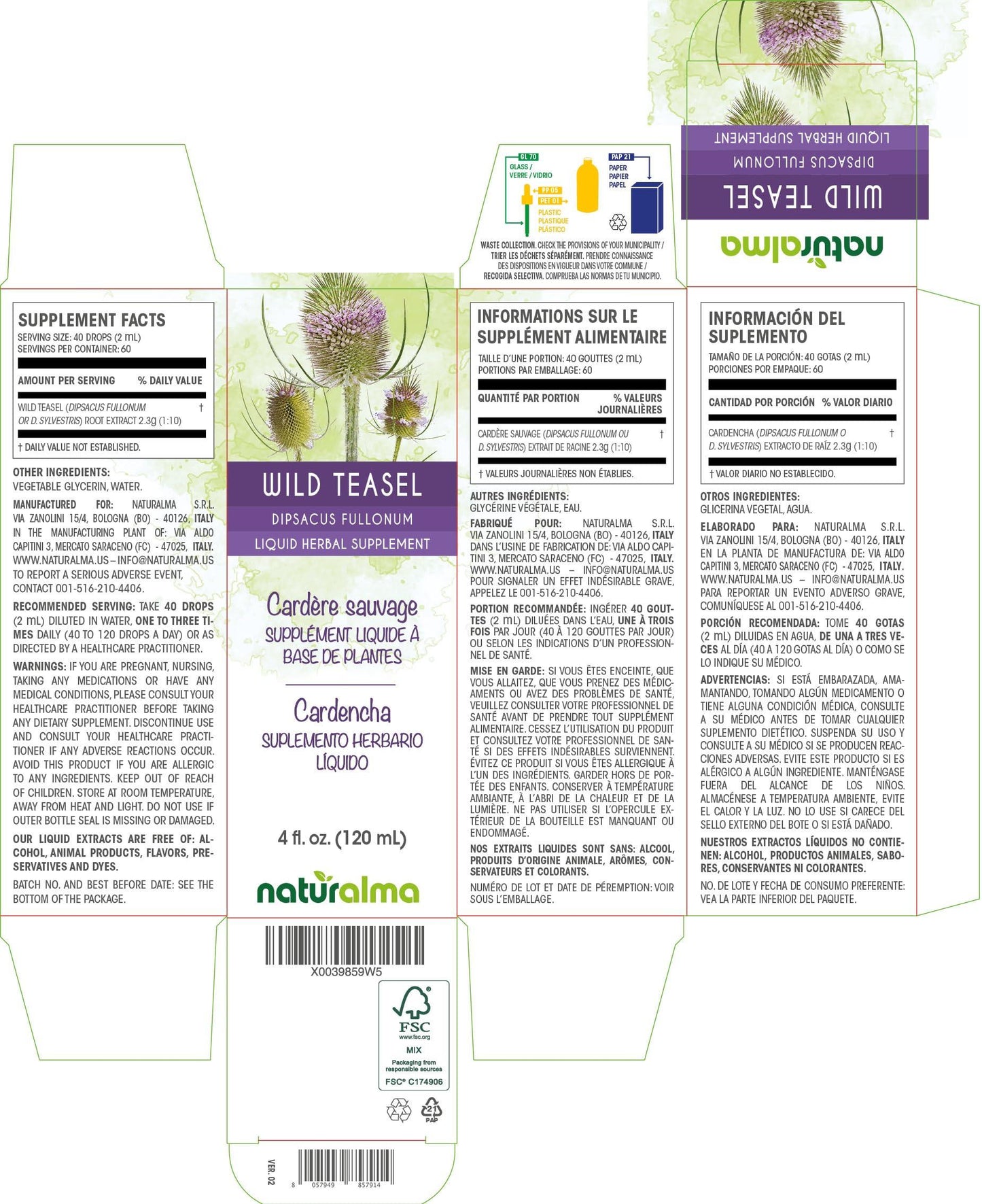 Naturalma Wild Teasel (Dipsacus fullonum or D. sylvestris) Root Alcohol-Free Tincture - Liquid Extract in Drops - Herbal Supplement - Vegan