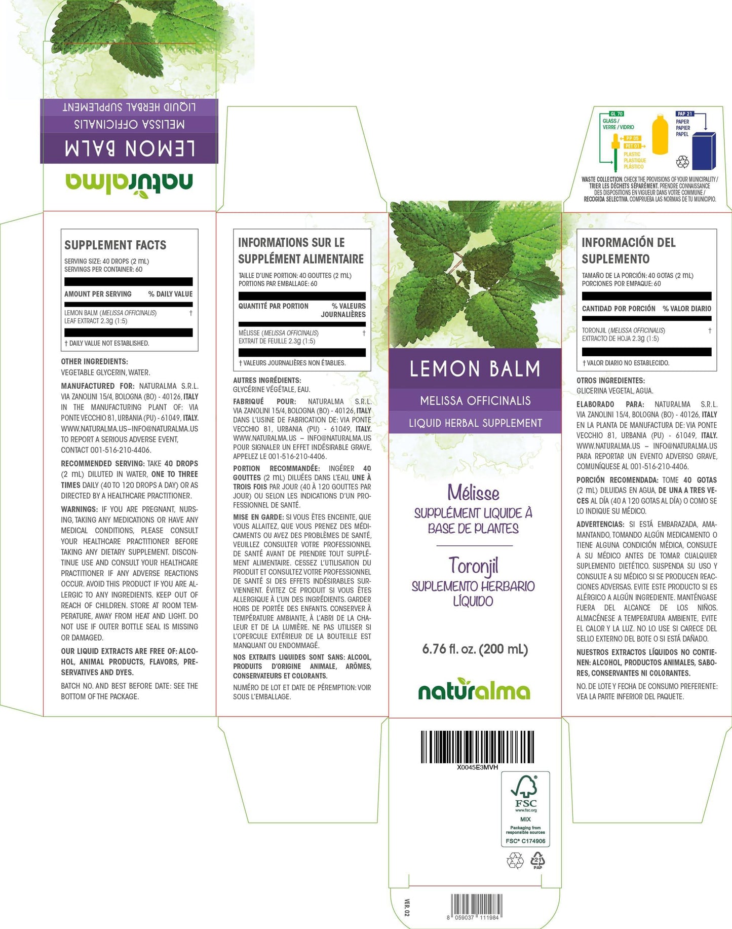 Naturalma Lemon Balm (Melissa officinalis) Leaf Tincture - Herbal Supplement - Vegan