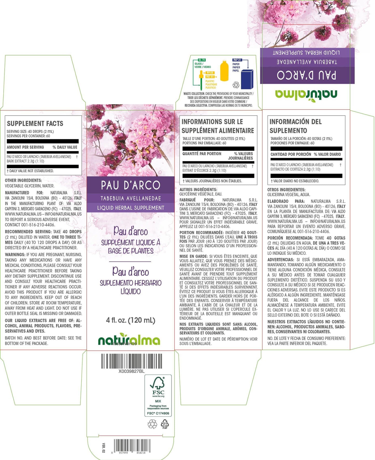 Naturalma Pau d'arco or Lapacho (Tabebuia avellanedae) bark Alcohol-free Tincture - Liquid extract in drops - Herbal supplement - Vegan