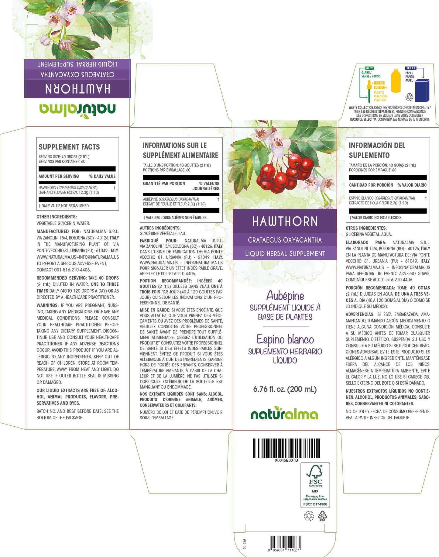 Naturalma Hawthorn (Crataegus oxyacantha) leaf and flower Tincture - Liquid extract in drops - Herbal supplement - Vegan