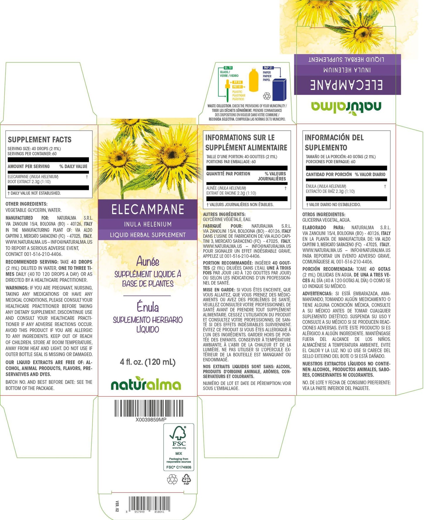 Naturalma Elecampane (Inula helenium) root Alcohol-free Tincture - Liquid extract in drops - Herbal supplement - Vegan