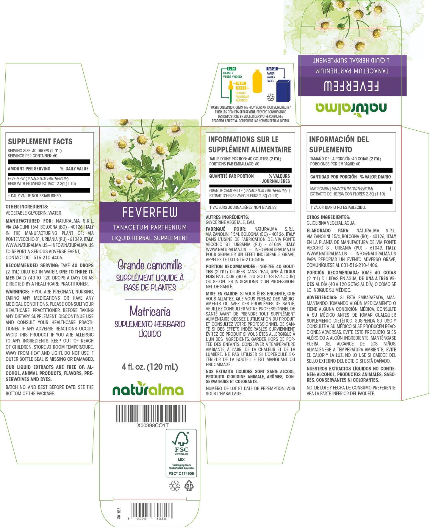 Naturalma Feverfew (Tanacetum parthenium) herb with flowers Alcohol-free Tincture - Liquid extract in drops - Herbal supplement - Vegan
