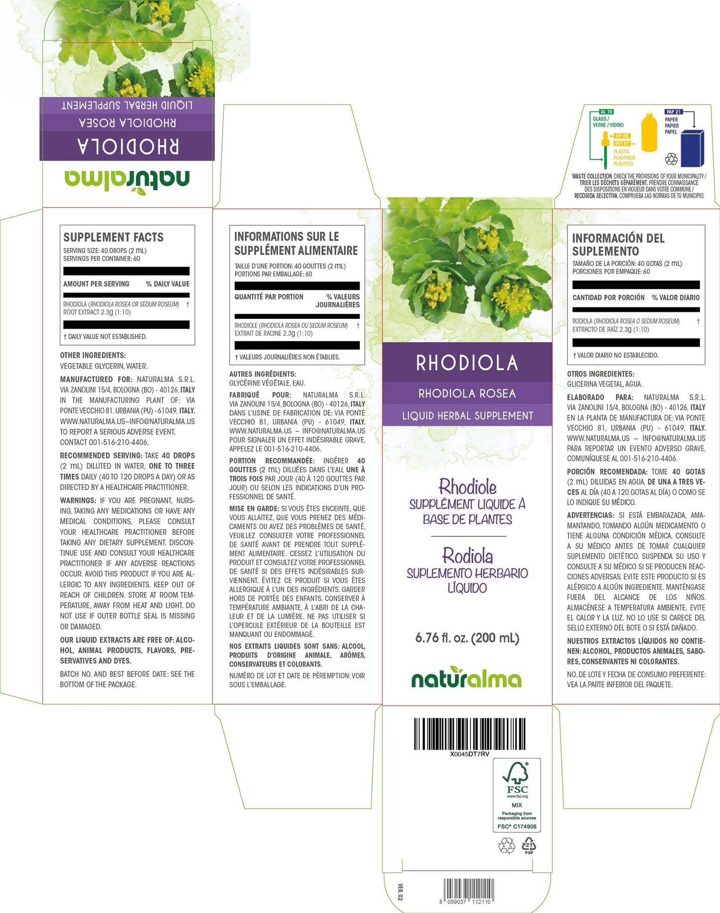 Naturalma Rhodiola rosea (Sedum roseum) Root Tincture - Liquid Extract in Drops - Herbal Supplement - Vegan