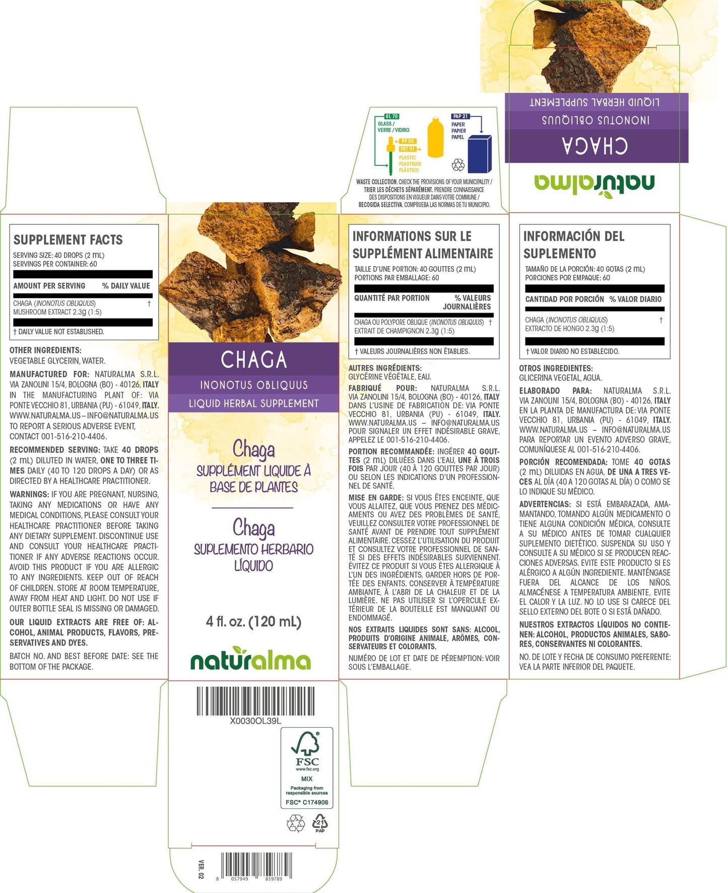 Naturalma Chaga (Inonotus obliquus) fungus or mushroom Alcohol-free Tincture - Liquid extract in drops - Herbal supplement - Vegan