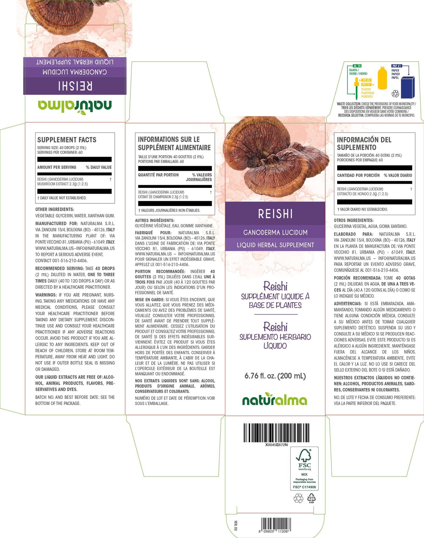 Naturalma Reishi (Ganoderma lucidum) Fungus or Mushroom Alcohol-Free Tincture - Liquid Extract in Drops - Herbal Supplement - Vegan