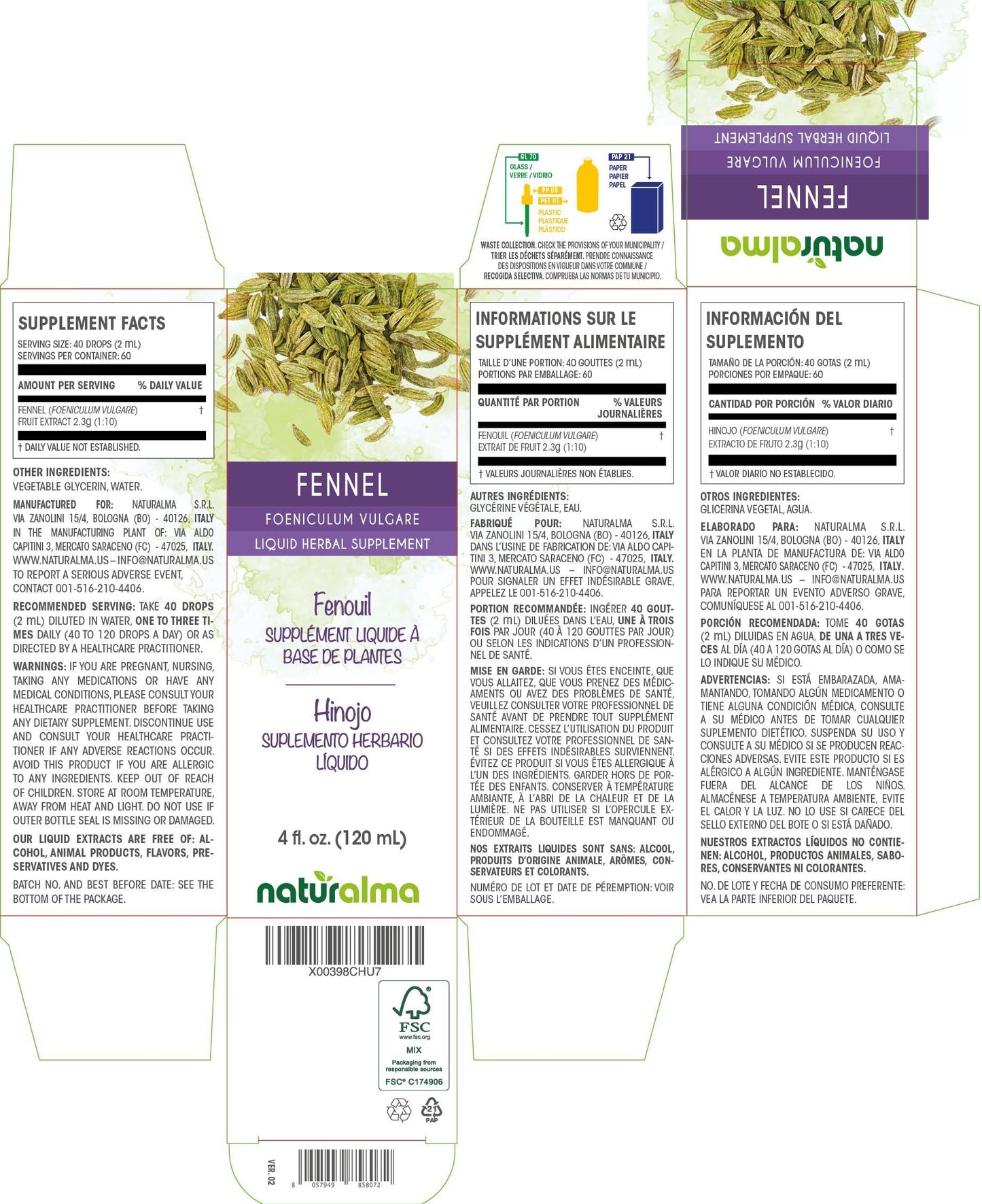 Naturalma Fennel (Foeniculum vulgare) fruit Alcohol-free Tincture - Liquid extract in drops - Herbal supplement - Vegan