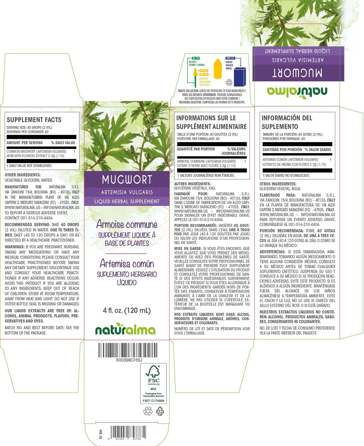 Naturalma Mugwort (Artemisia vulgaris) herb with Flowers Alcohol-Free Tincture - Liquid Extract in Drops - Herbal Supplement - Vegan