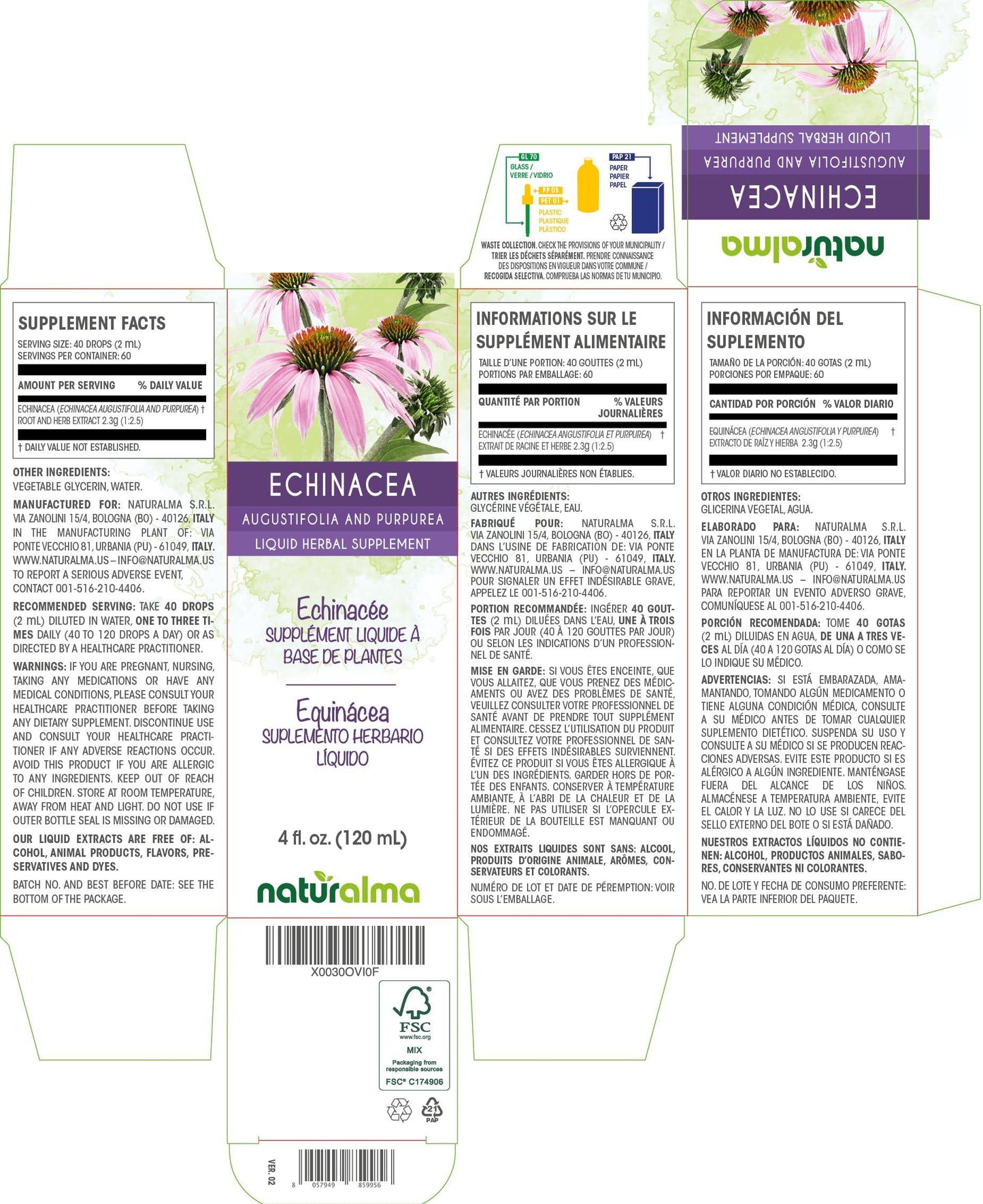 Naturalma Echinacea (Echinacea angustifolia and purpurea) Root and herb Tincture - Liquid Extract in Drops - Herbal Supplement - Vegan
