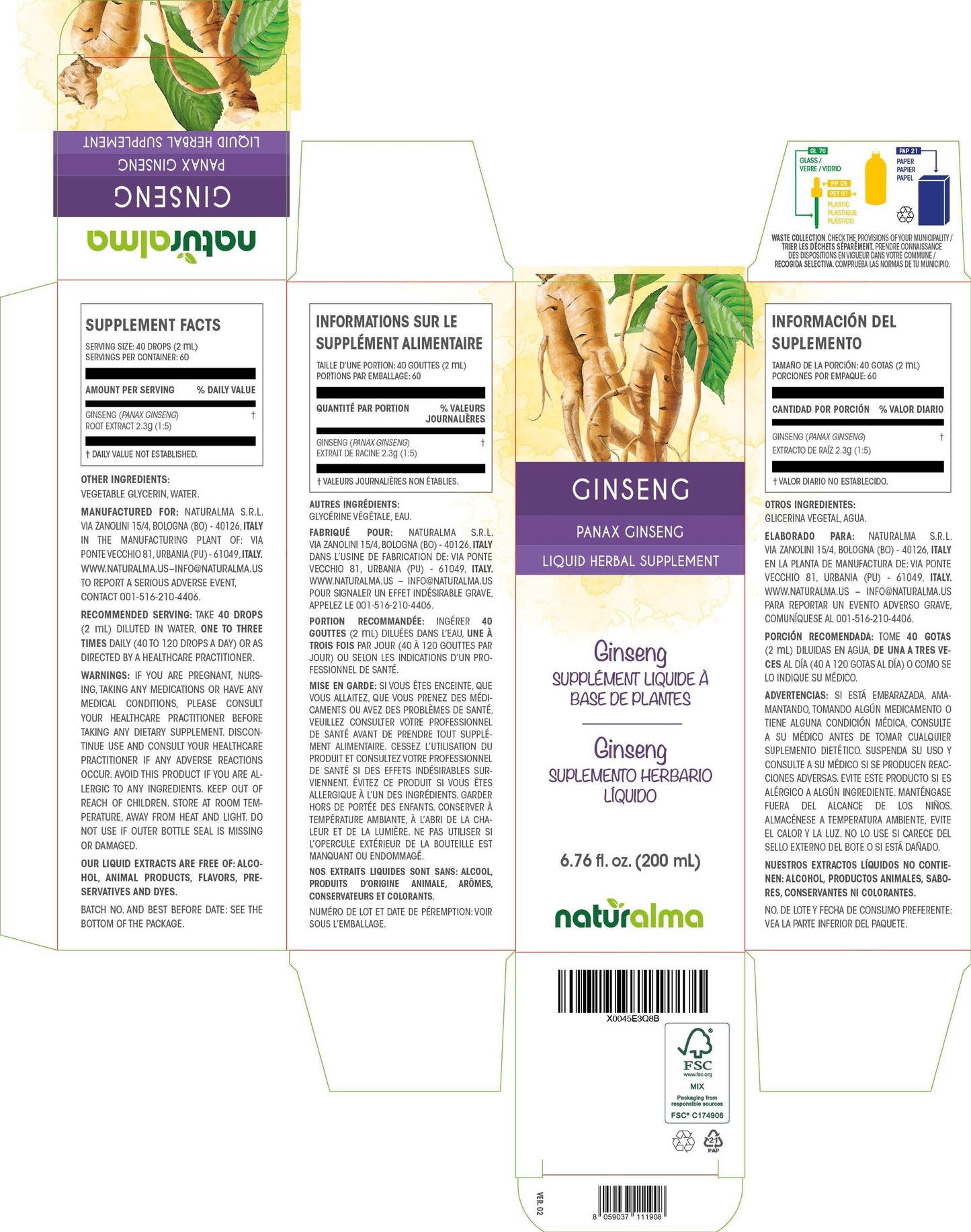 Naturalma Ginseng (Panax Ginseng) Root Alcohol-Free Tincture - Liquid Extract in Drops - Herbal Supplement - Vegan