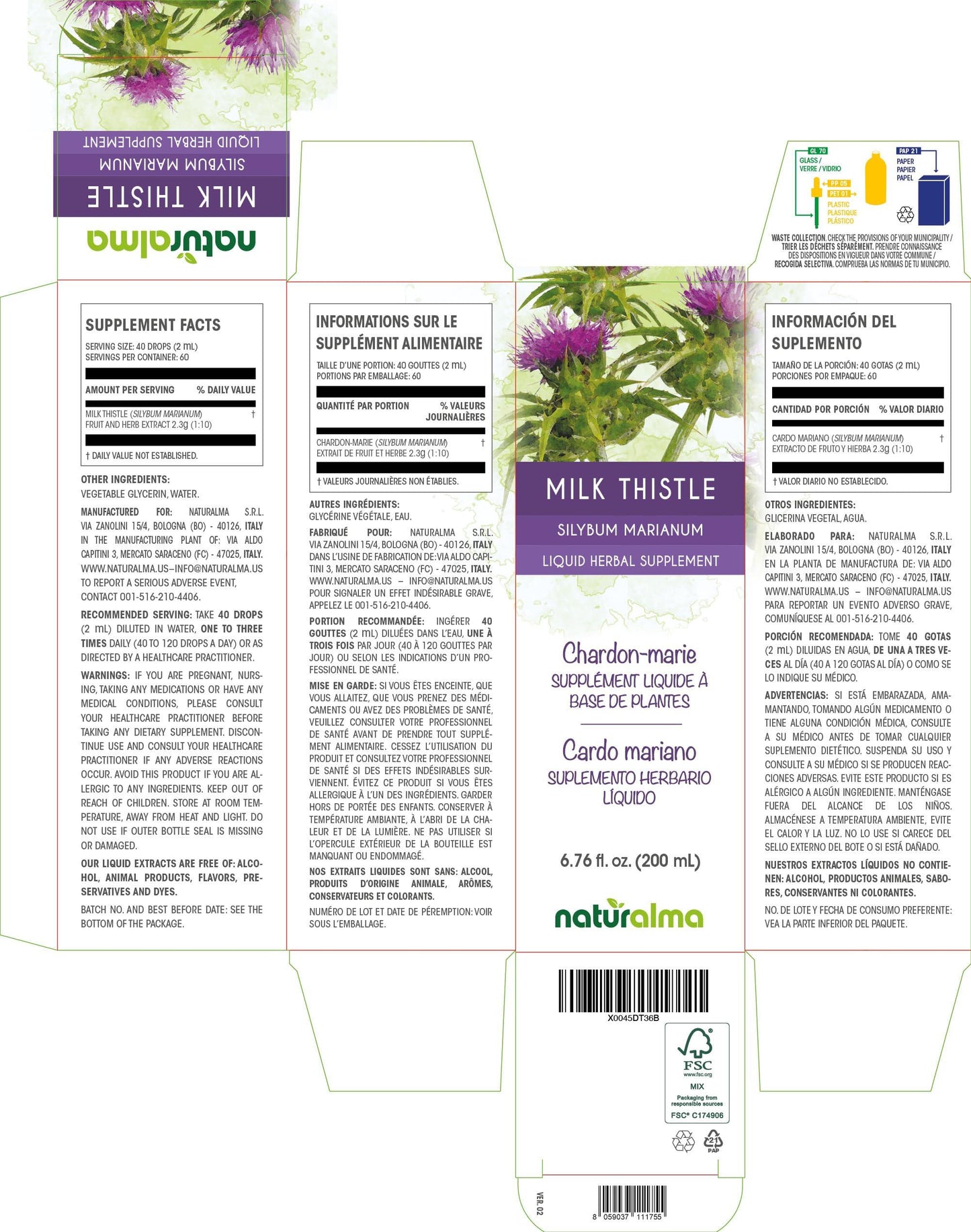 Naturalma Milk Thistle (Silybum marianum) Fruit and herb Tincture - Liquid Extract in Drops - Herbal Supplement - Vegan