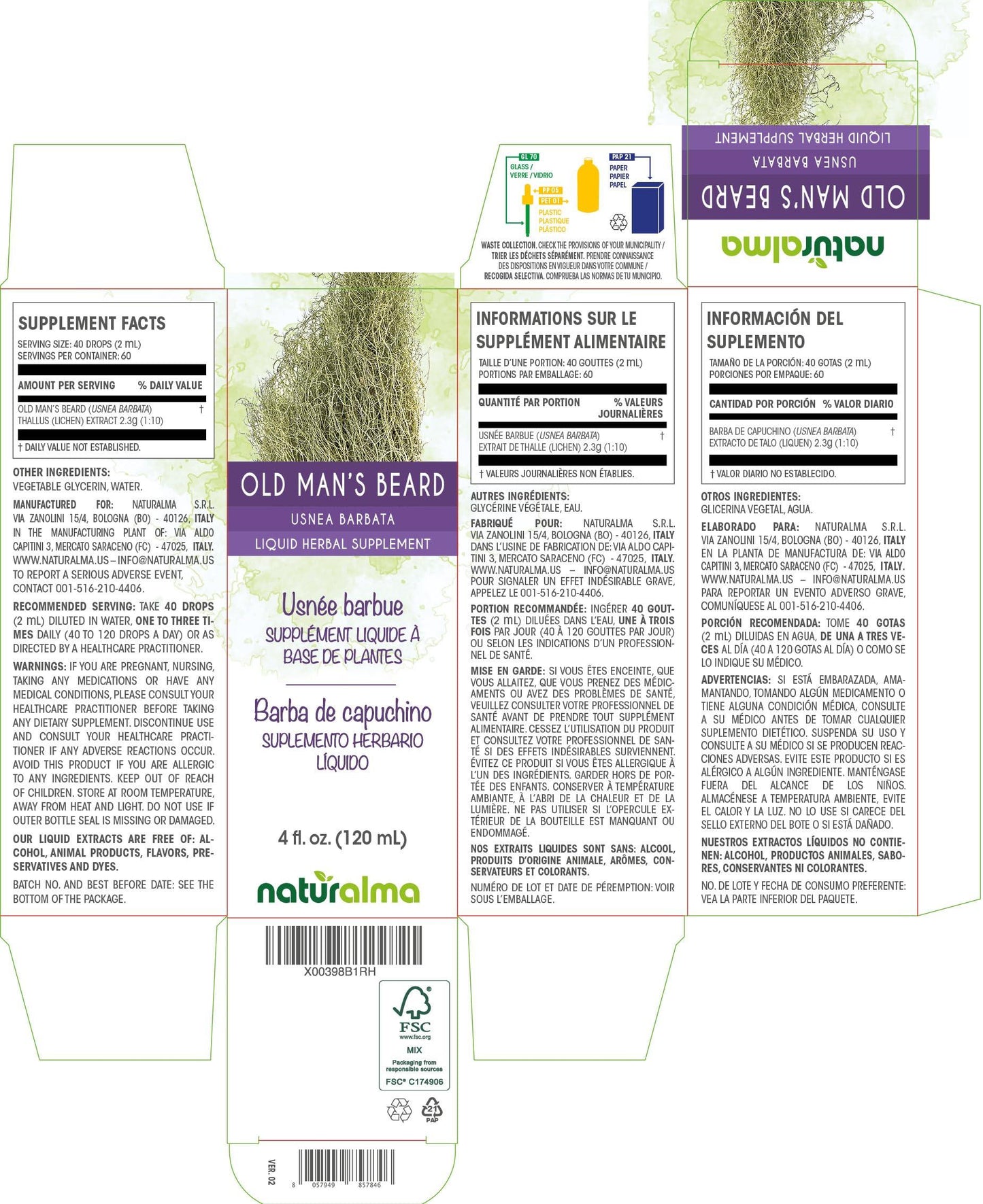 Naturalma Old man's beard (Usnea barbata) thallus (lichen) Alcohol-free Tincture - Liquid extract in drops - Herbal supplement - Vegan
