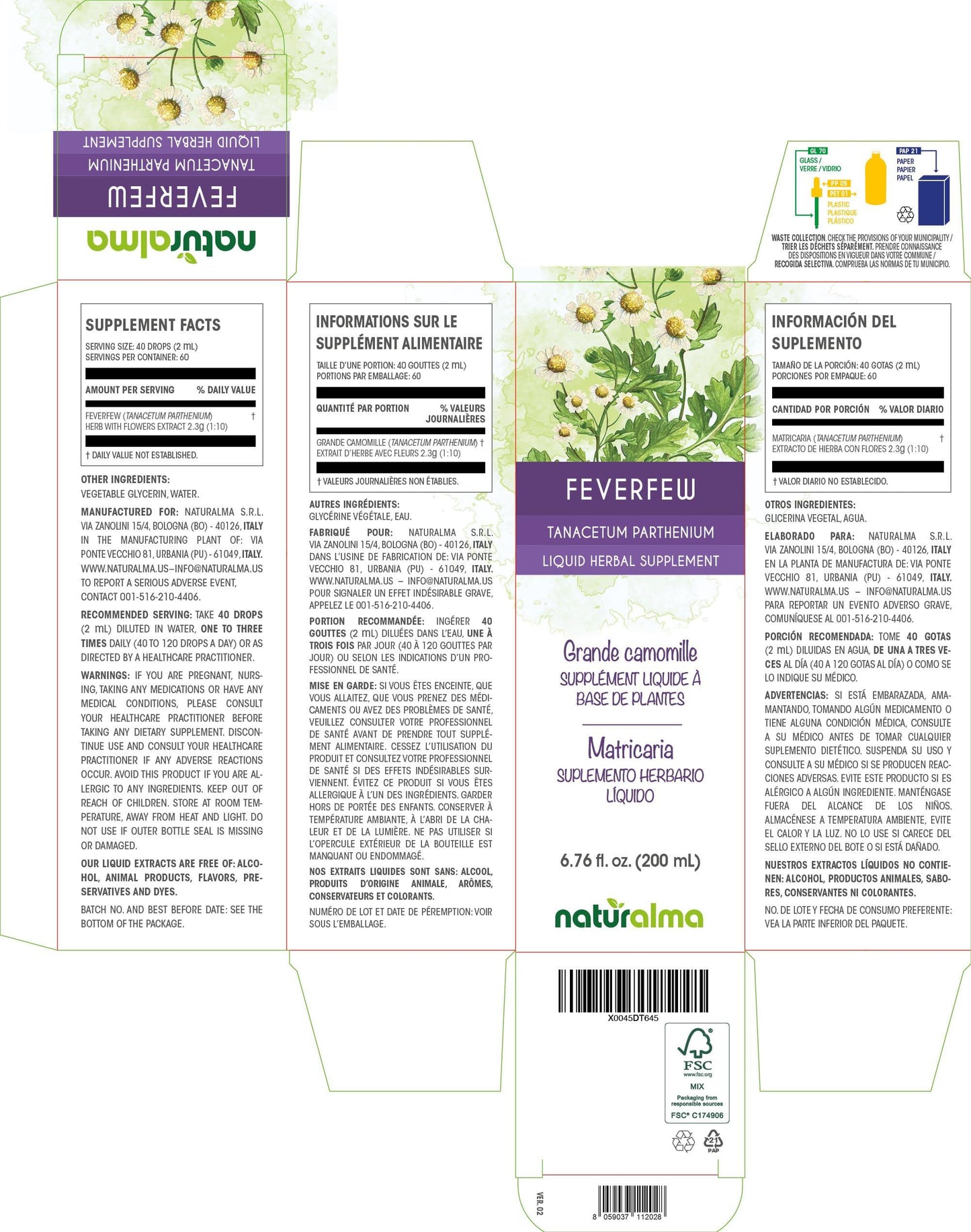 Naturalma Feverfew (Tanacetum parthenium) herb with flowers Alcohol-free Tincture - Liquid extract in drops - Herbal supplement - Vegan