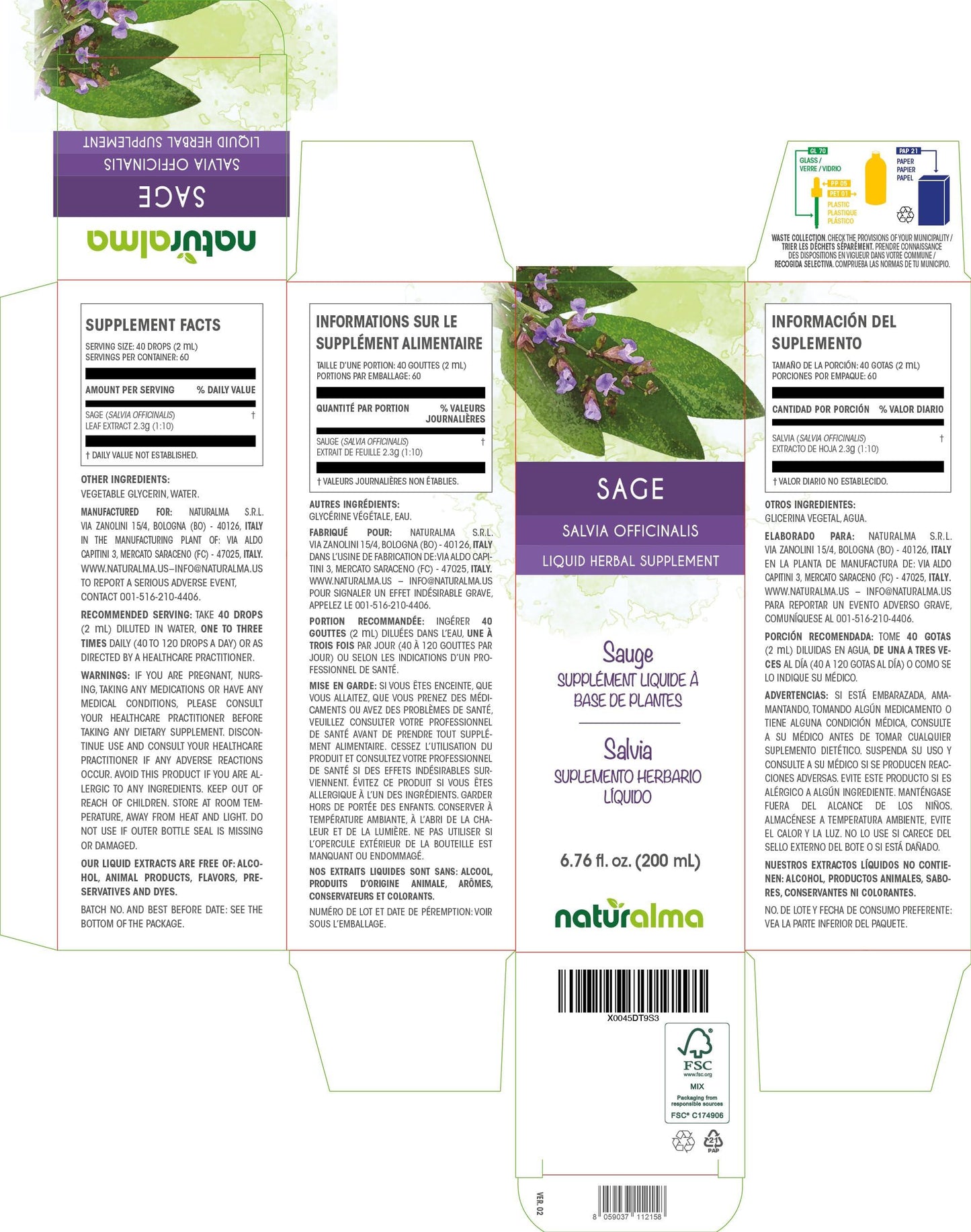 Naturalma Sage (Salvia officinalis) Leaf Alcohol-Free Tincture - Liquid Extract in Drops - Herbal Supplement - Vegan