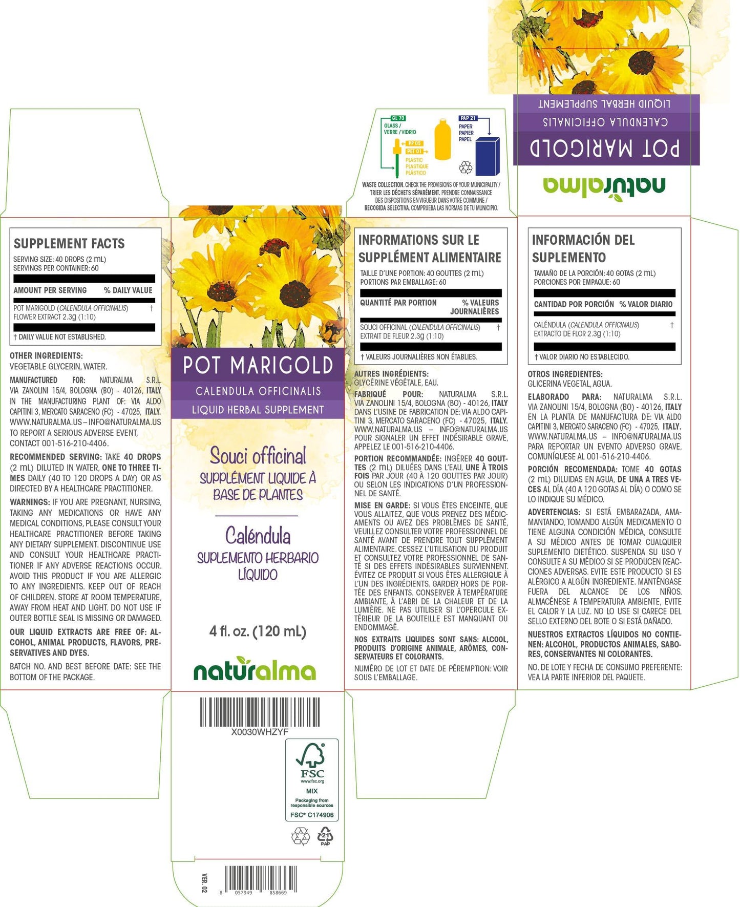 Naturalma Pot Marigold (Calendula officinalis) Flower Tincture - Liquid Extract in Drops - Herbal Supplement - Vegan