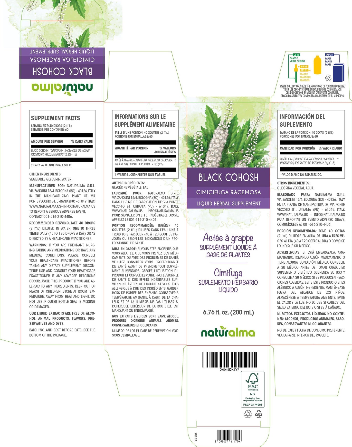 Naturalma Black Cohosh (Cimicifuga racemosa or Actaea racemosa) Rhizome Tincture - Liquid Extract in Drops - Herbal Supplement - Vegan