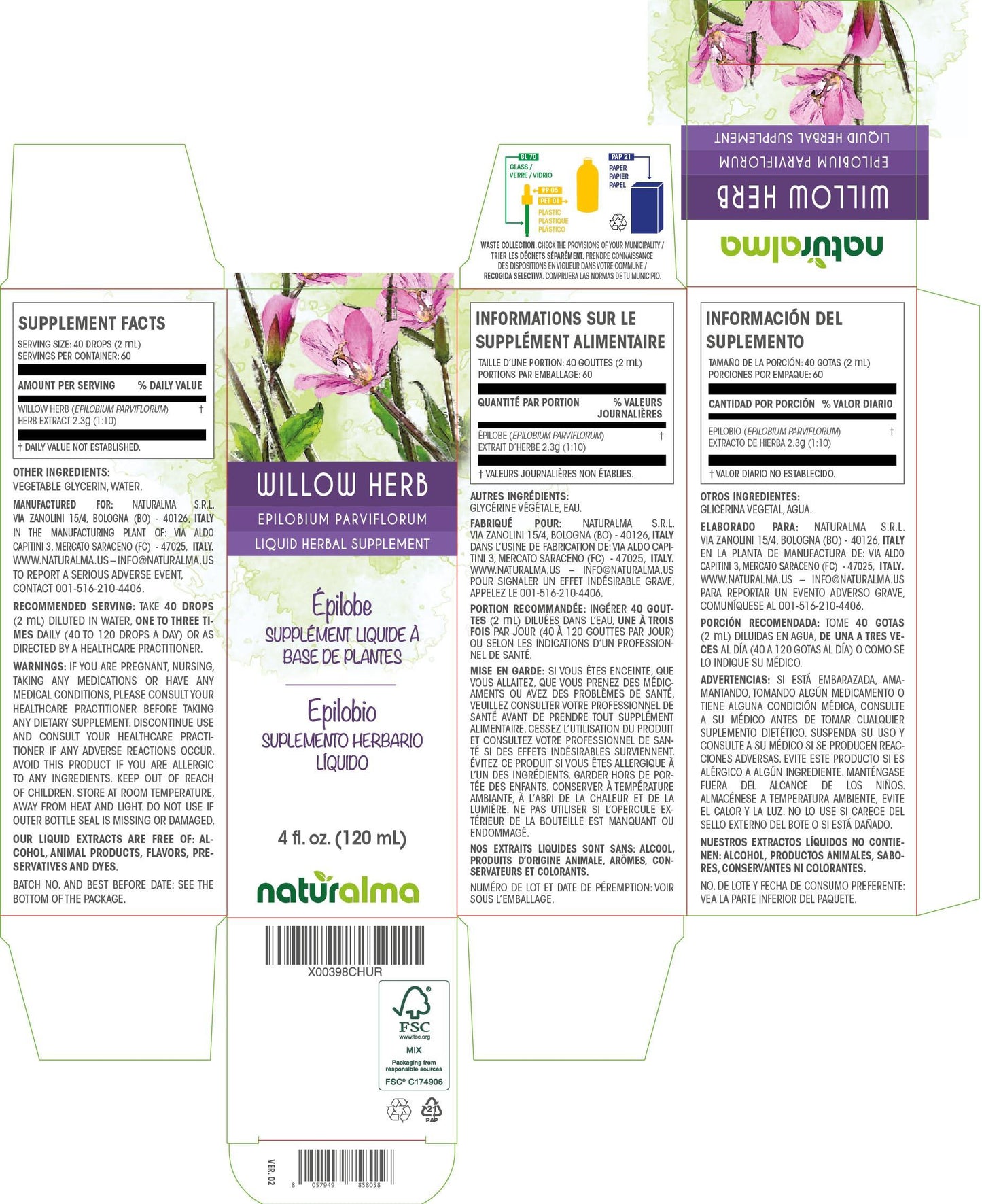 Naturalma Willow herb or Fireweed (Epilobium parviflorum) herb Alcohol-free Tincture - Liquid extract in drops - Herbal supplement - Vegan