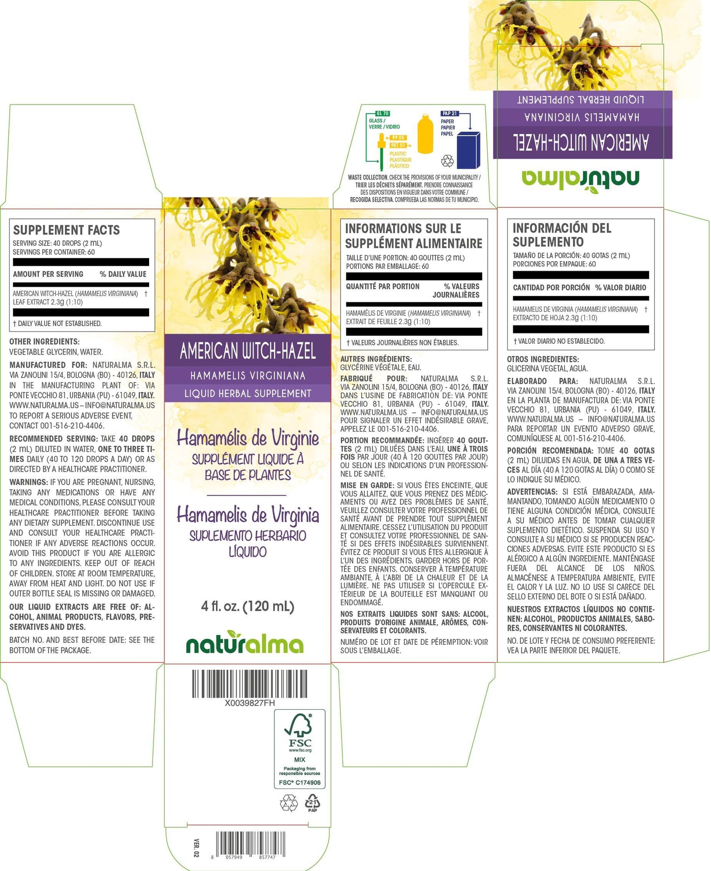 Naturalma American witch-hazel (Hamamelis virginiana) leaf Alcohol-free Tincture - Liquid extract in drops - Herbal supplement - Vegan
