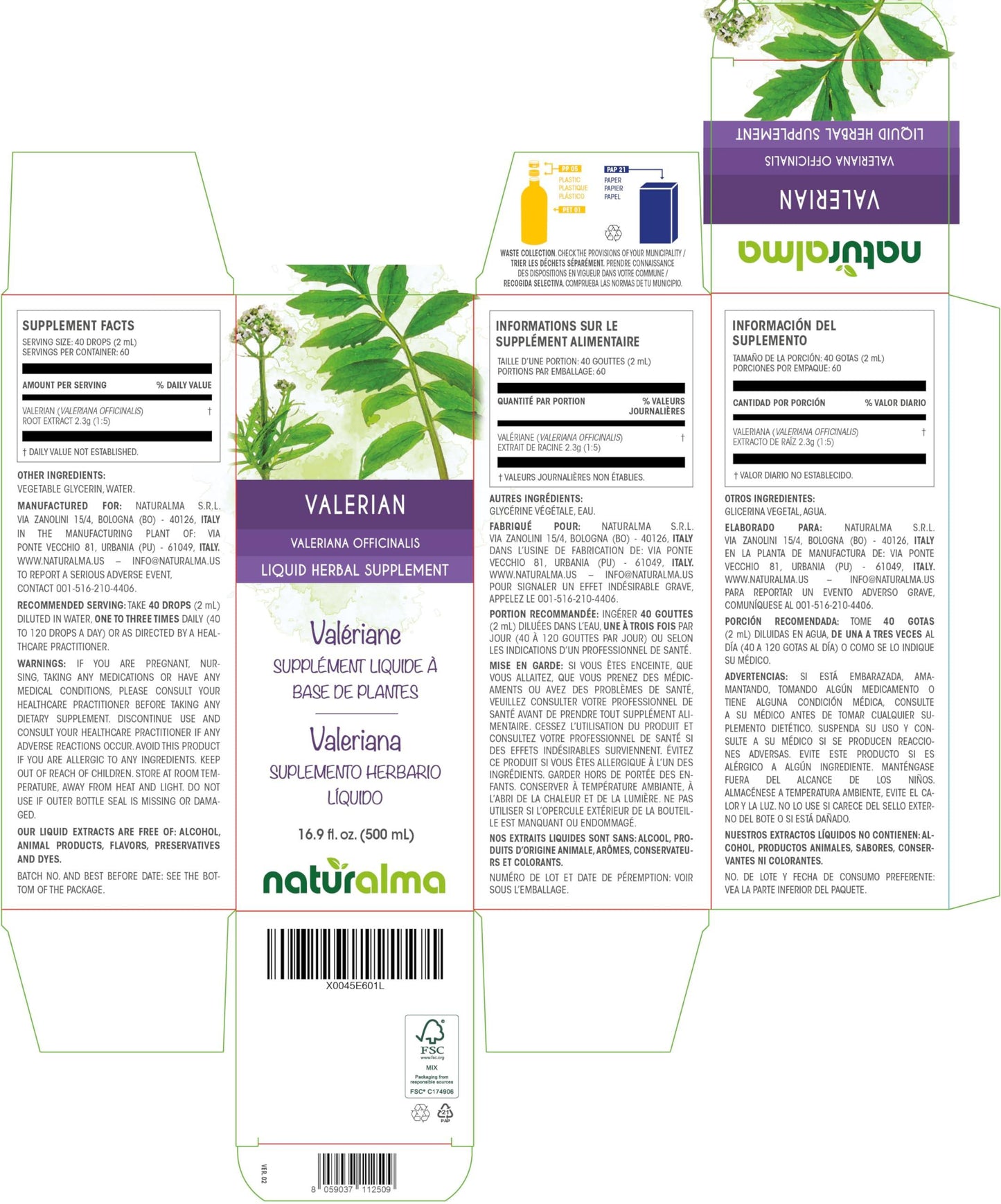 Naturalma Valerian (Valariana officinalis) root Tincture - Liquid extract in drops - Herbal supplement - Vegan