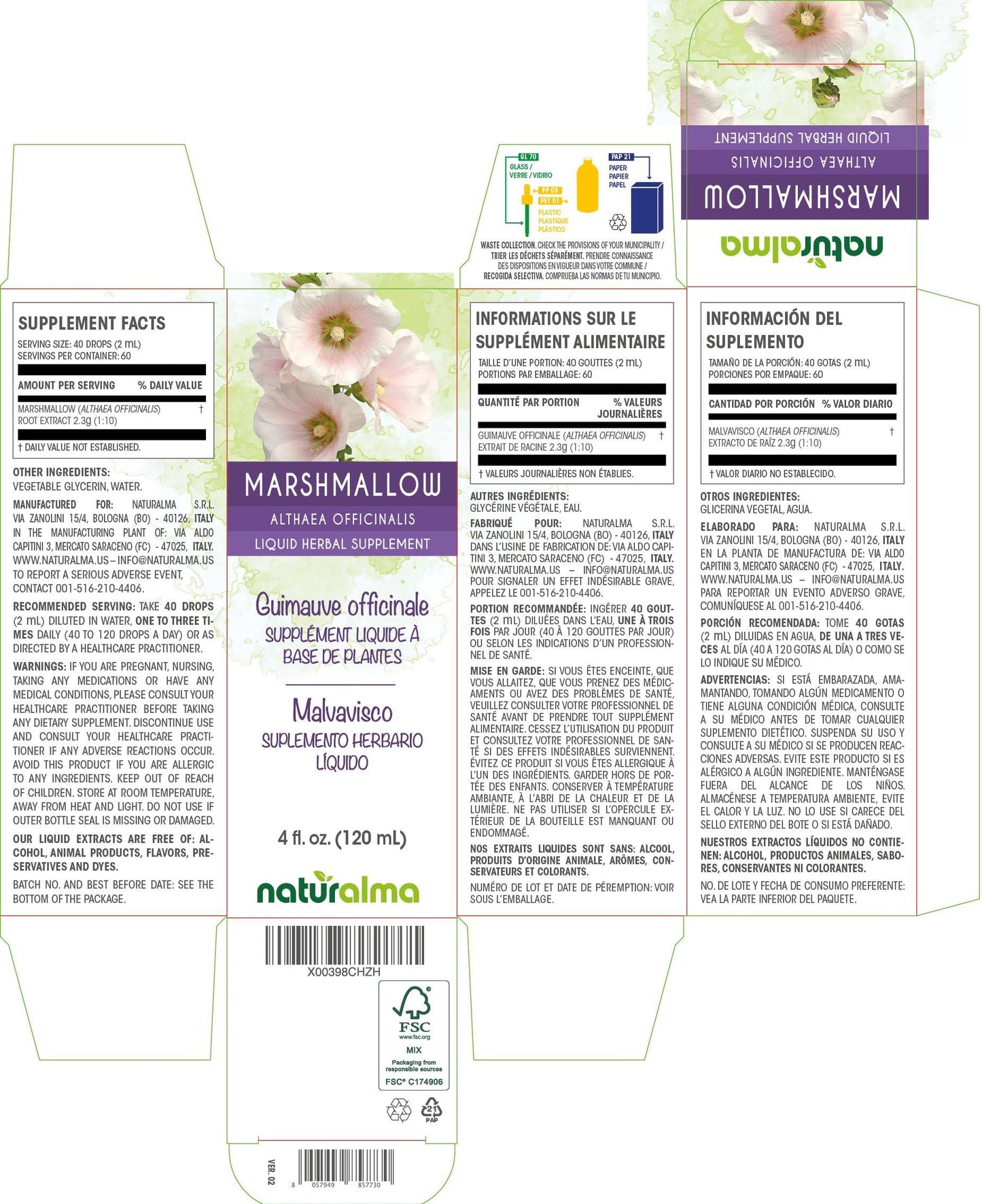Naturalma Marshmallow (Althaea officinalis) Root Alcohol-Free Tincture - Liquid Extract in Drops - Herbal Supplement - Vegan