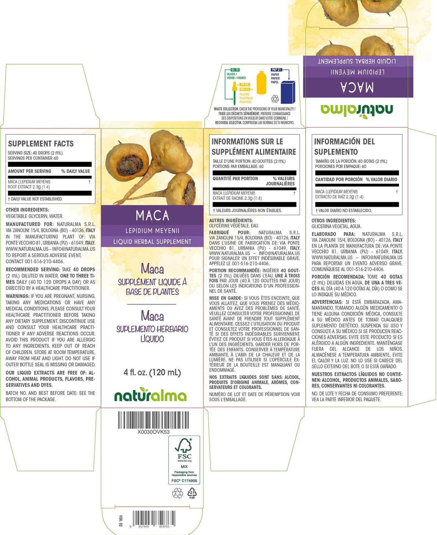 Naturalma Maca or Peruvian ginseng (Lepidium meyenii or L. peruvianum) root Tincture - Liquid extract in drops - Herbal supplement - Vegan
