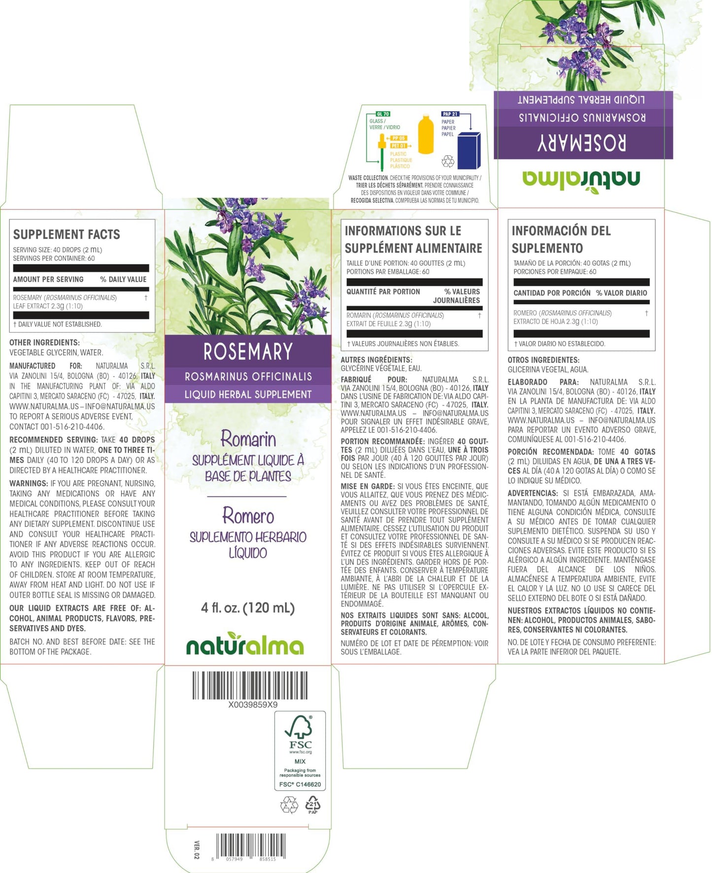 Naturalma Rosemary (Rosmarinus officinalis) leaf Alcohol-free Tincture - Liquid extract in drops - Herbal supplement - Vegan