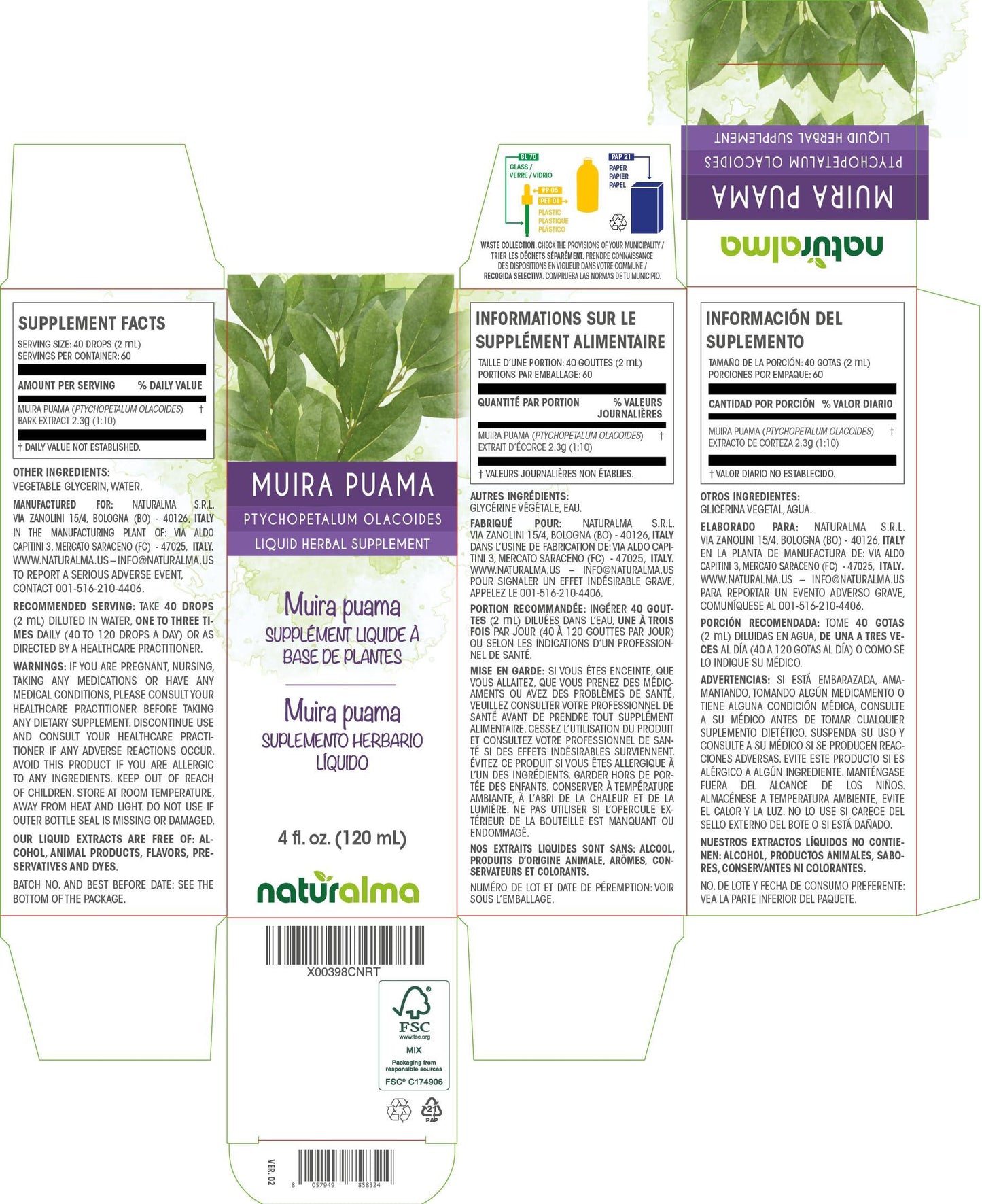 Naturalma Muira puama (Ptychopetalum olacoides) bark Alcohol-free Tincture - Liquid extract in drops - Herbal supplement - Vegan