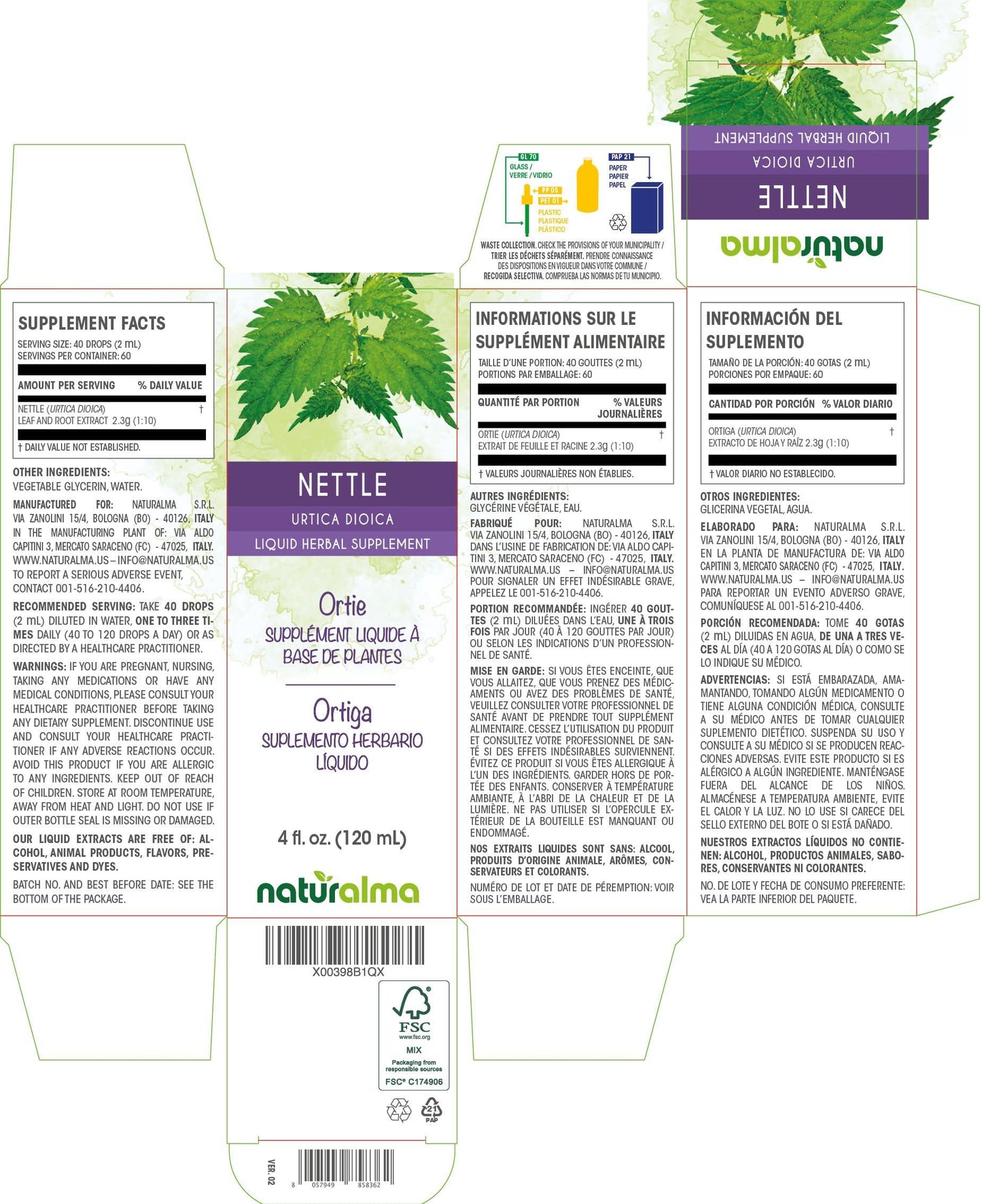 Naturalma Nettle (Urtica dioica) leaf and root Alcohol-free Tincture - Liquid extract in drops - Herbal supplement - Vegan