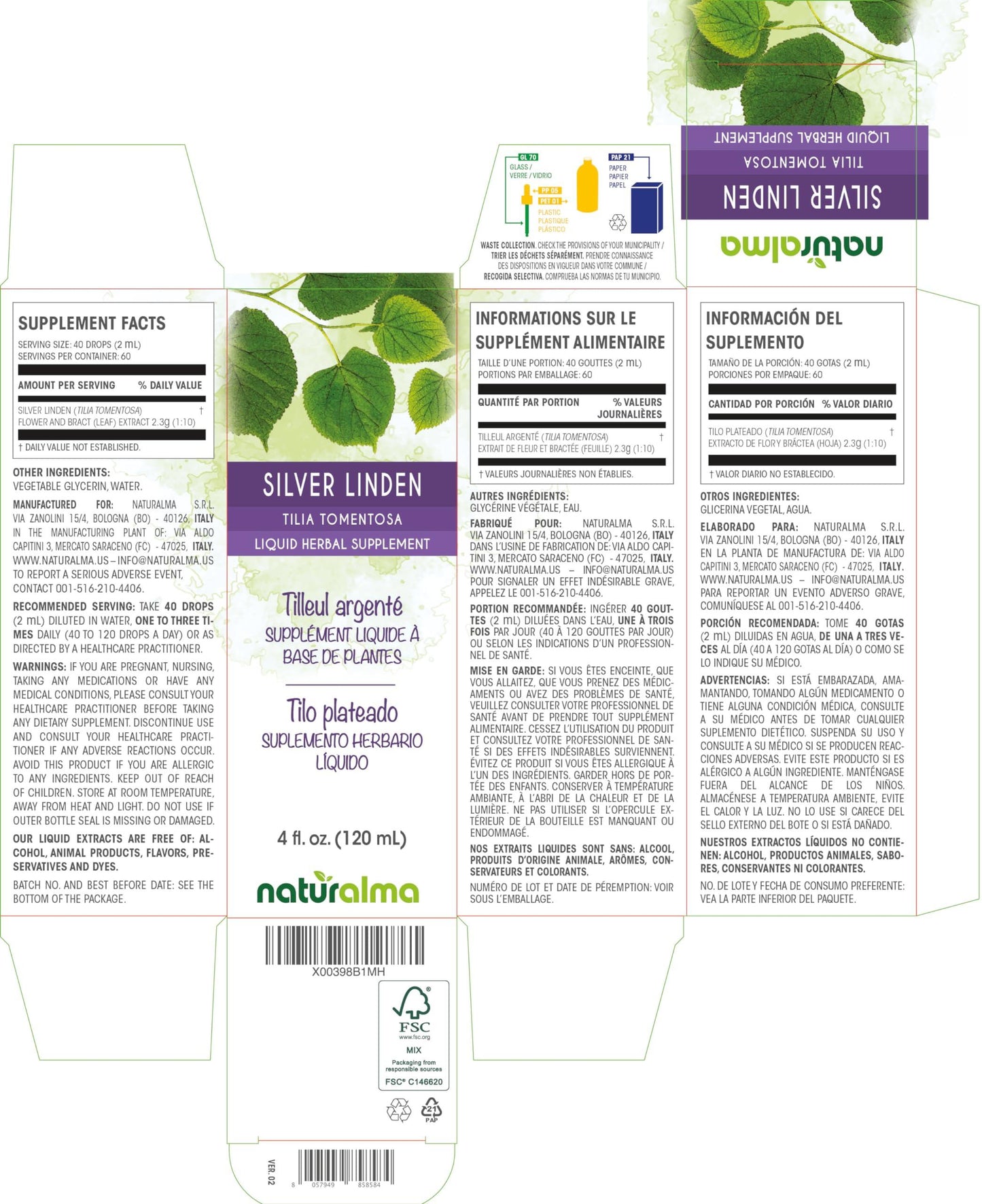 Naturalma Silver linden (Tilia tomentosa) flower and bract (leaf) Alcohol-free Tincture - Liquid extract in drops - Herbal supplement - Vegan