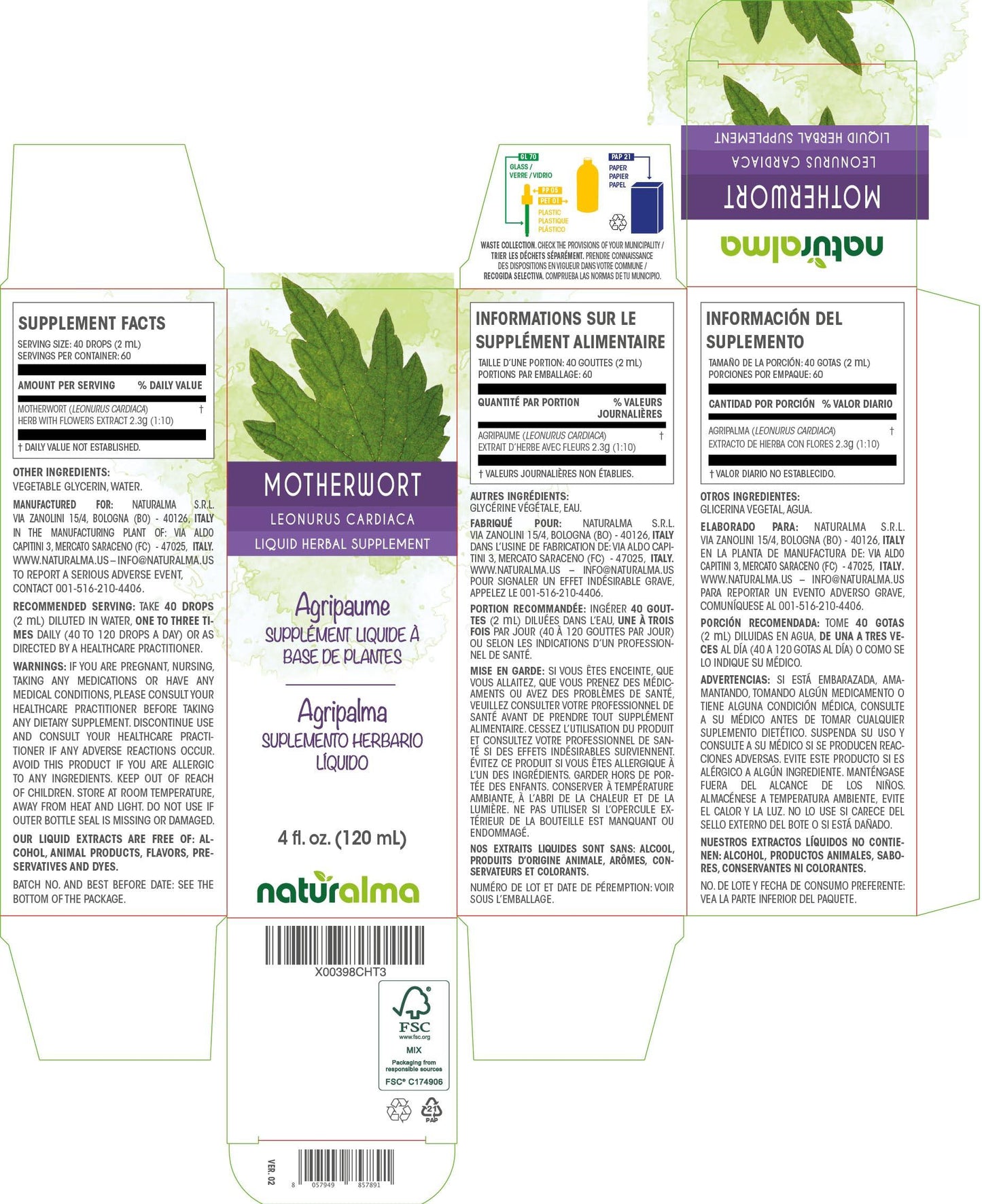 Naturalma Motherwort (Leonurus cardiaca) herb with Flowers Alcohol-Free Tincture - Liquid Extract in Drops - Herbal Supplement - Vegan