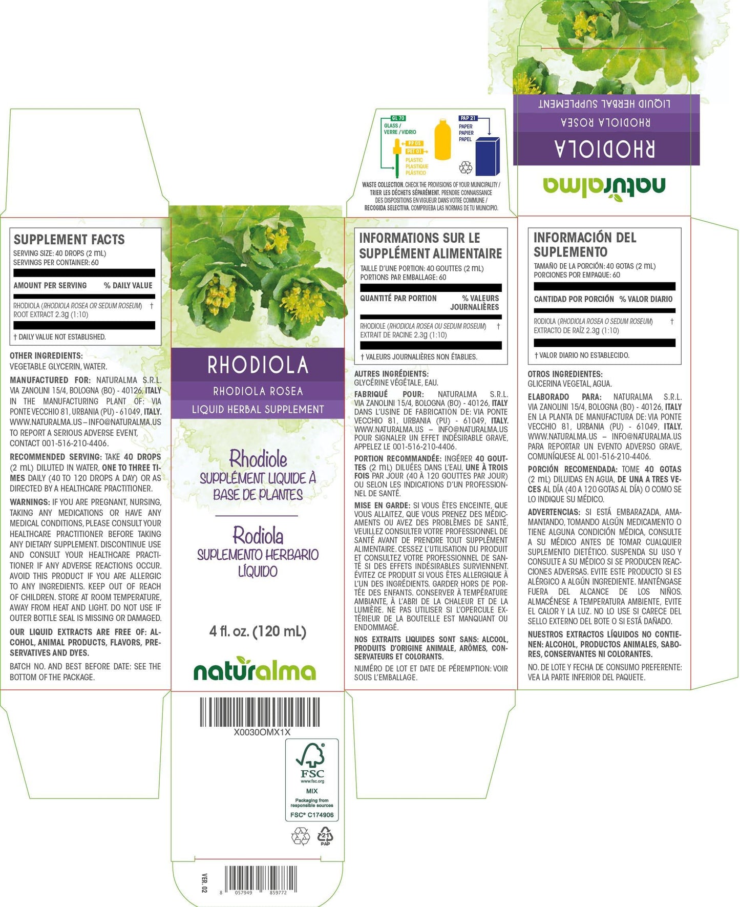 Naturalma Rhodiola rosea (Sedum roseum) Root Tincture - Liquid Extract in Drops - Herbal Supplement - Vegan
