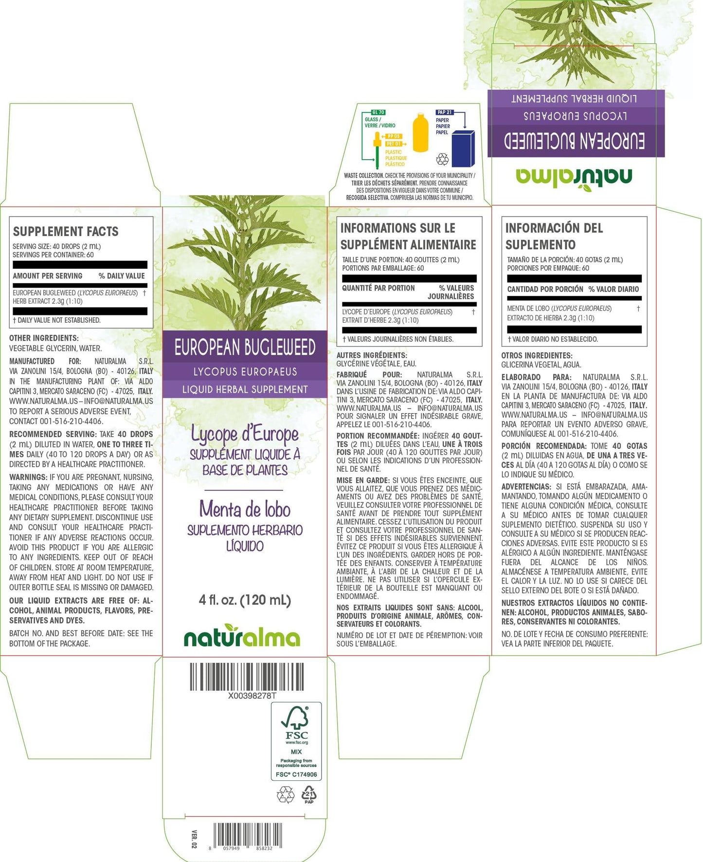 Naturalma European bugleweed or Gypsywort (Lycopus europaeus) herb Alcohol-free Tincture - Liquid extract in drops - Herbal supplement - Vegan