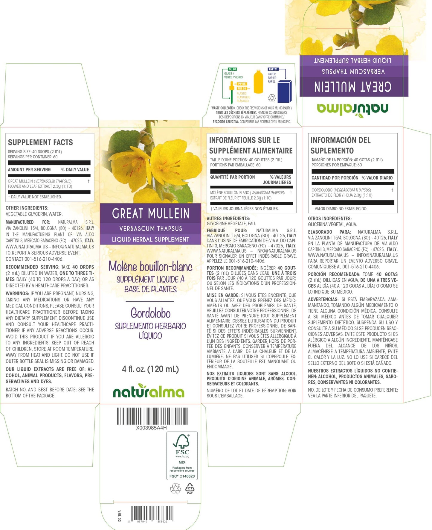 Naturalma Great mullein (Verbascum thapsus) flower and leaf Alcohol-free Tincture - Liquid extract in drops - Herbal supplement - Vegan