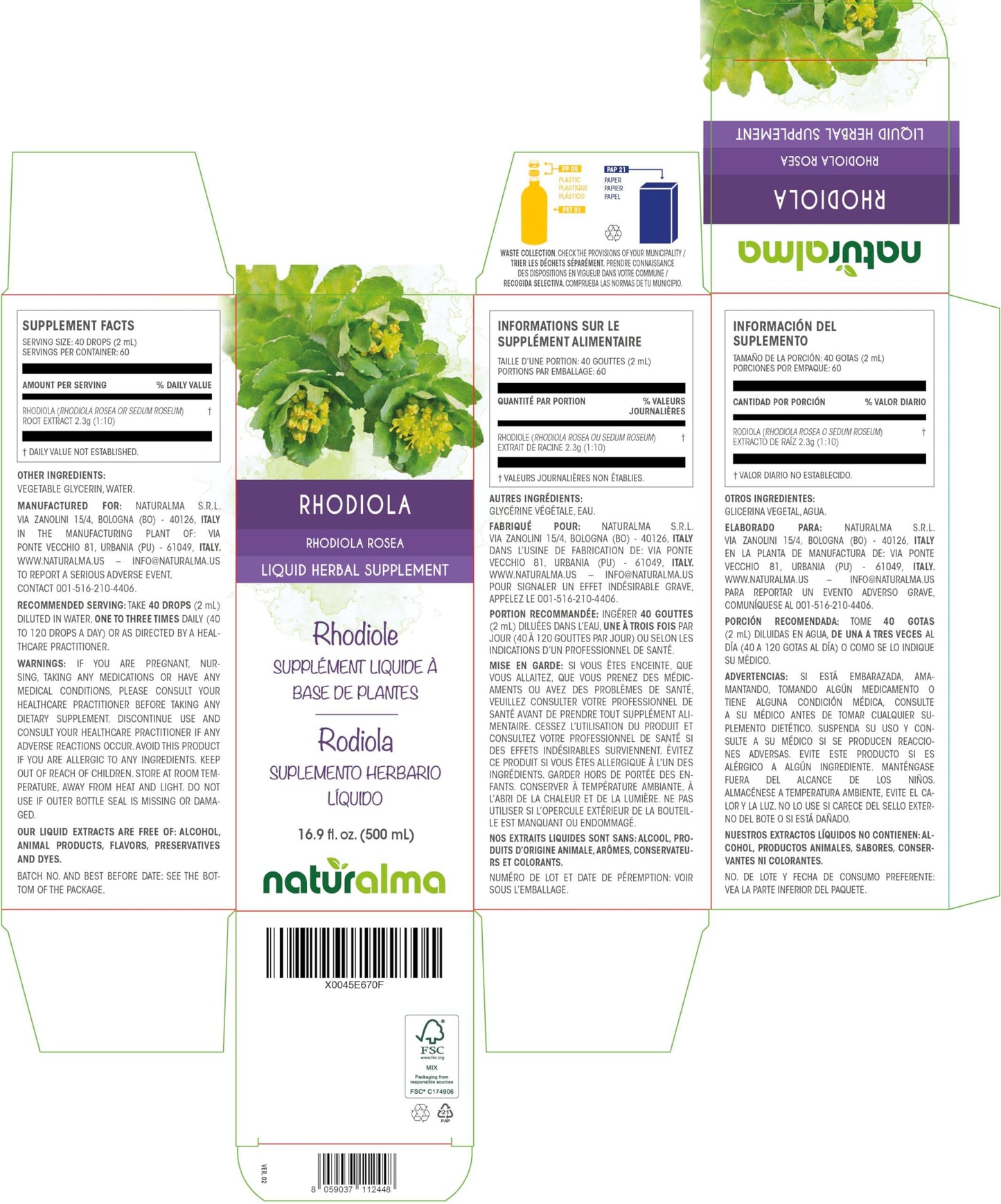 Naturalma Rhodiola rosea (Sedum roseum) Root Tincture - Liquid Extract in Drops - Herbal Supplement - Vegan