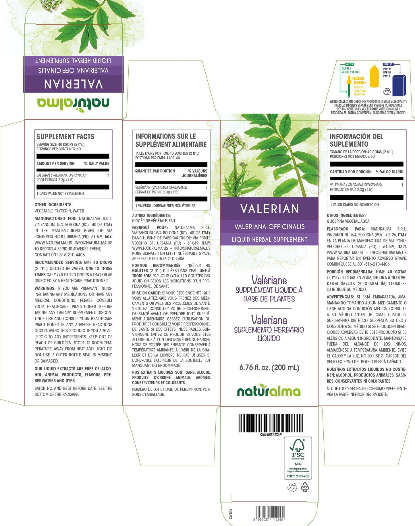 Naturalma Valerian (Valariana officinalis) root Tincture - Liquid extract in drops - Herbal supplement - Vegan