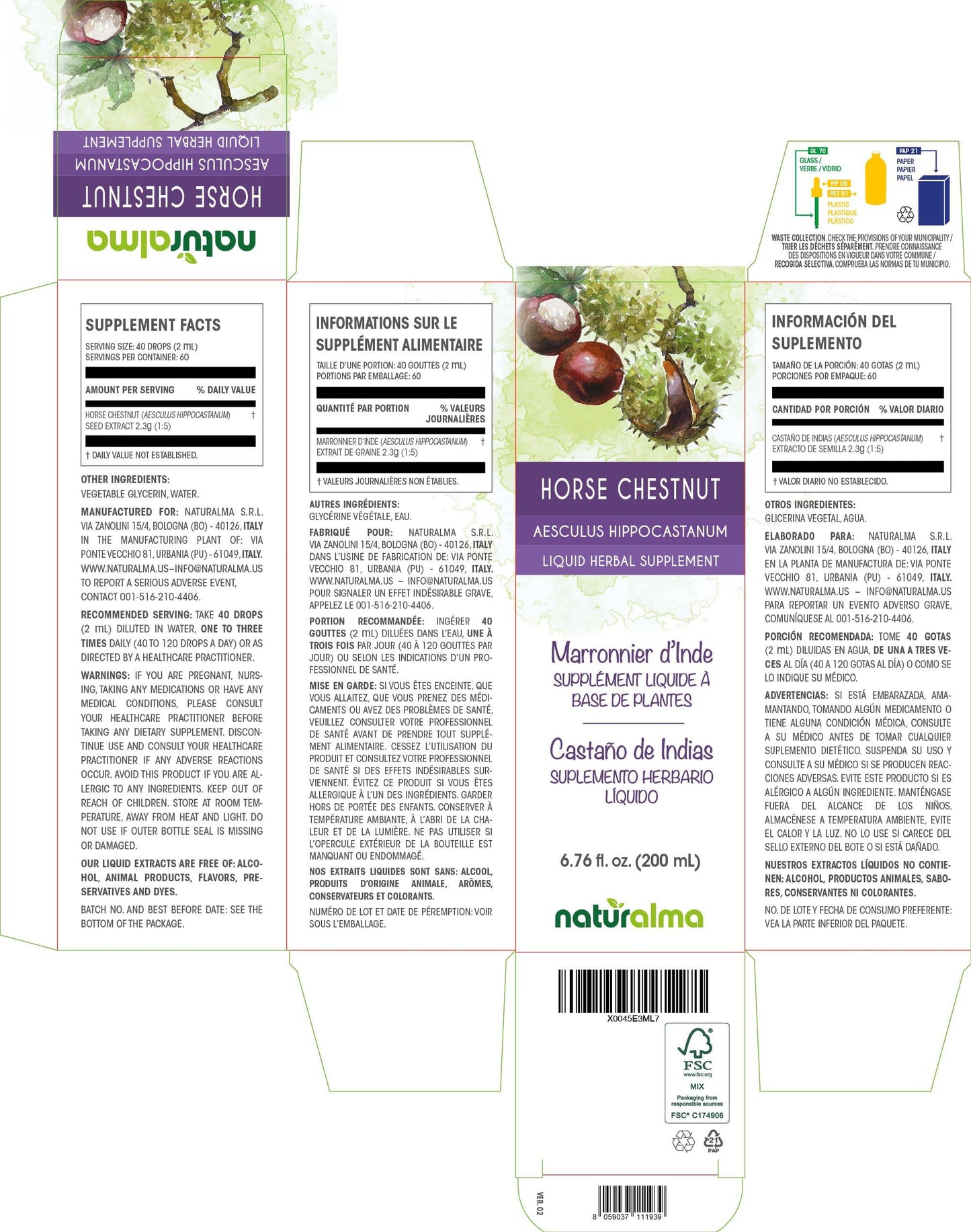 Naturalma Horse chestnut (Aesculus hippocastanum) bark and seed Alcohol-free Tincture - Liquid extract in drops - Herbal supplement - Vegan