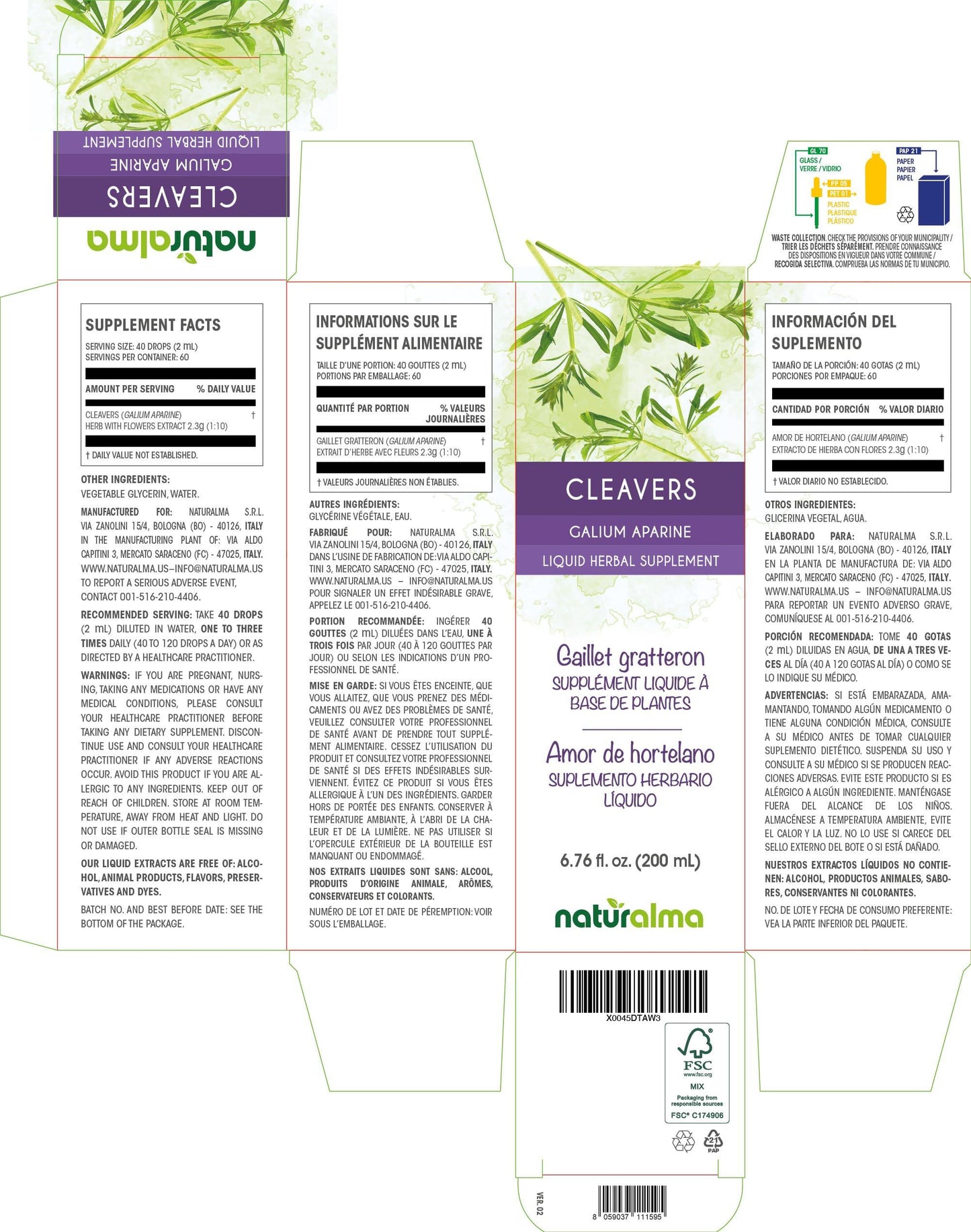 Naturalma Cleavers or Clivers (Galium aparine) herb with Flowers Alcohol-Free Tincture - Liquid Extract in Drops - Herbal Supplement - Vegan