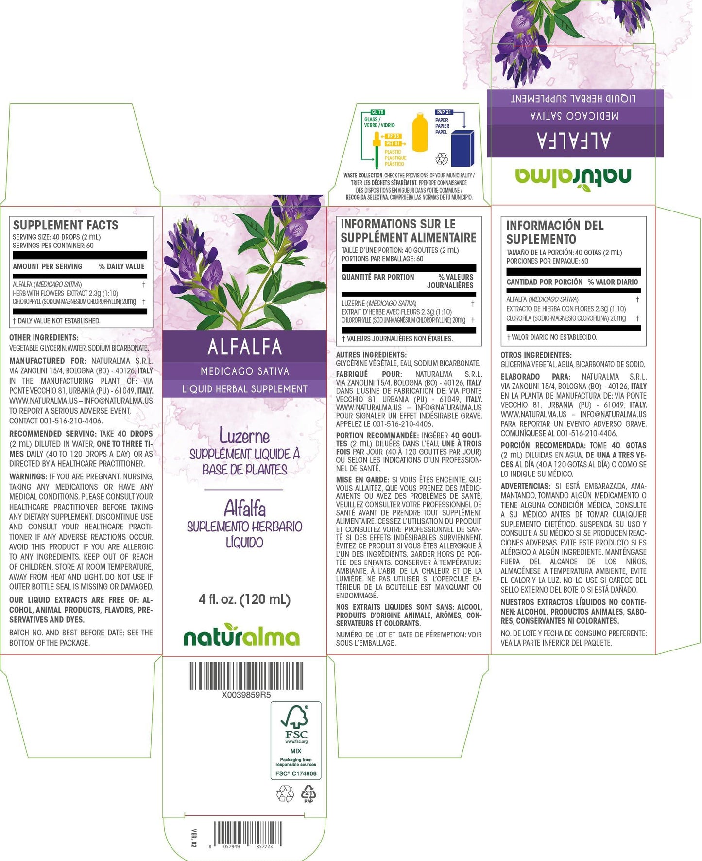 Naturalma Alfalfa or Lucerne (Medicago sativa) herb with flowers Alcohol-free Tincture - Liquid extract in drops - Herbal supplement - Vegan
