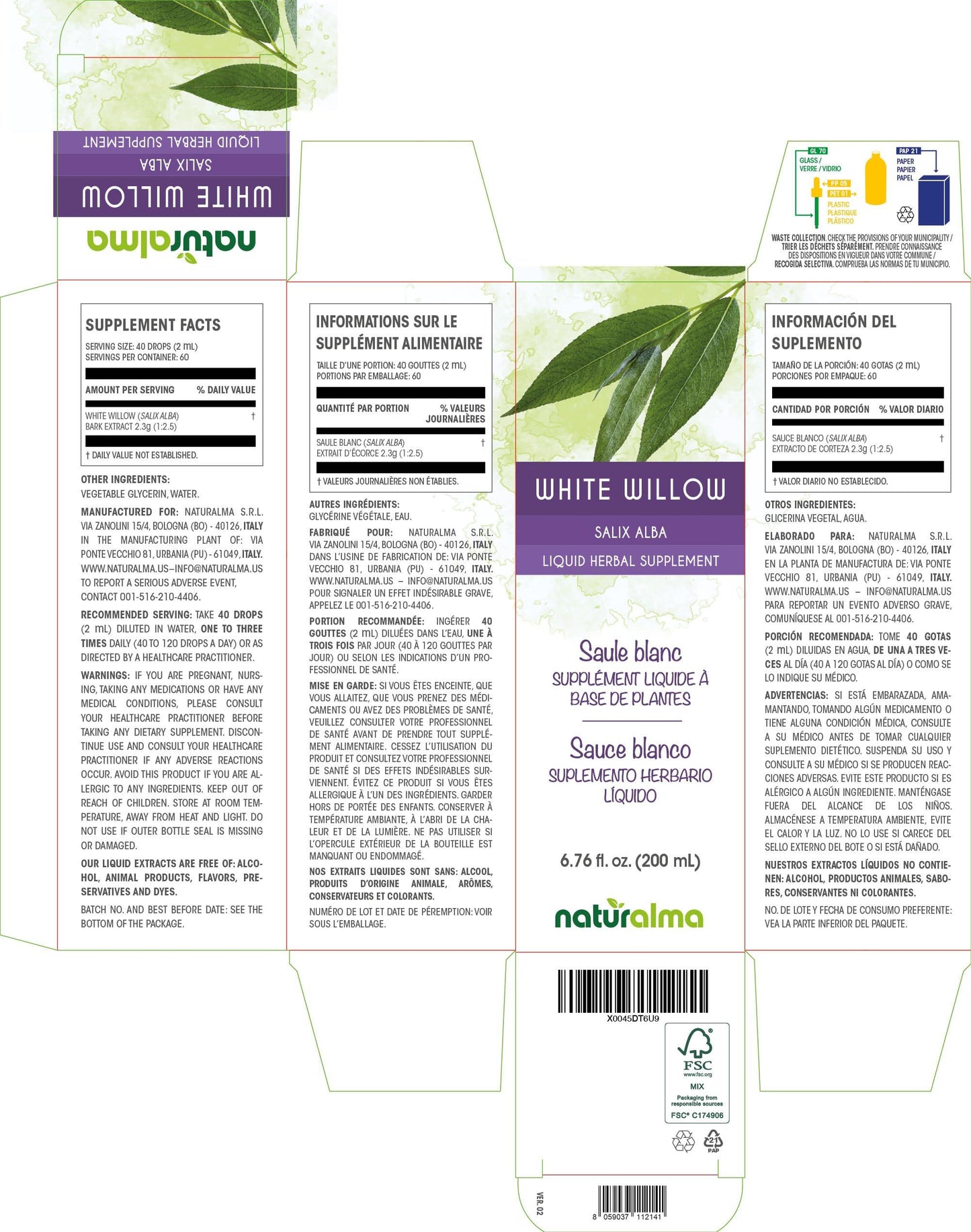 Naturalma White willow (Salix alba) bark Alcohol-free Tincture - Liquid extract in drops - Herbal supplement - Vegan