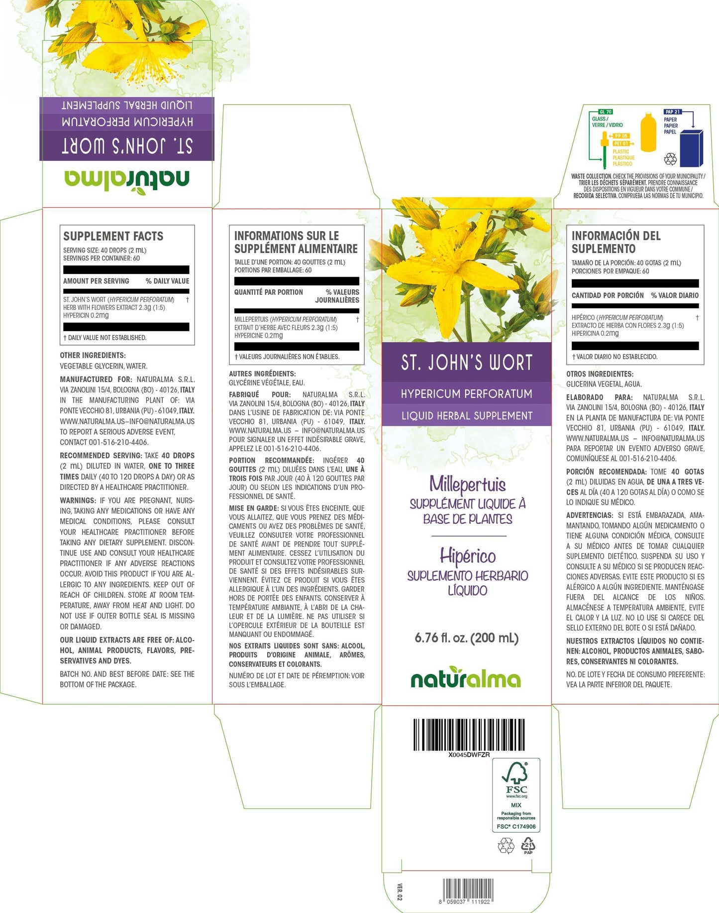 Naturalma St. John's wort (Hypericum perforatum) herb with flowers Tincture - Liquid extract in drops - Herbal supplement - Vegan
