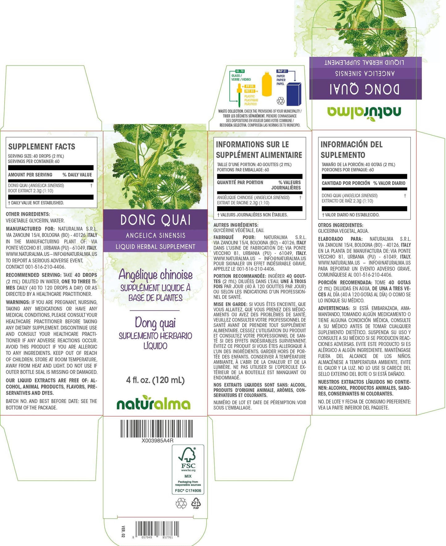 Naturalma Dong quai or Female Ginseng (Angelica sinensis) Root Alcohol-Free Tincture - Liquid Extract in Drops - Herbal Supplement - Vegan