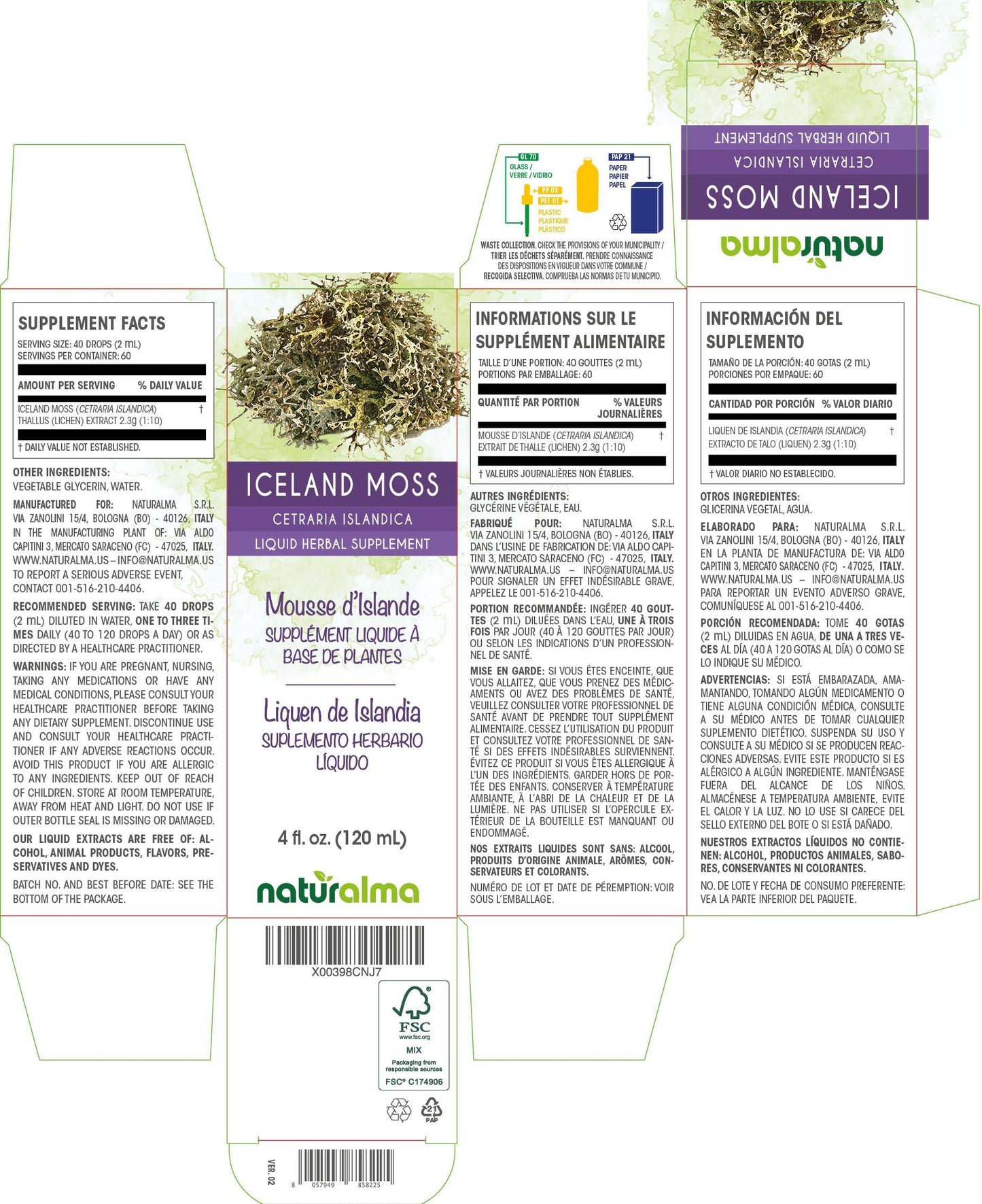 Naturalma Iceland moss (Cetraria islandica) thallus (lichen) Alcohol-free Tincture - Liquid extract in drops - Herbal supplement - Vegan