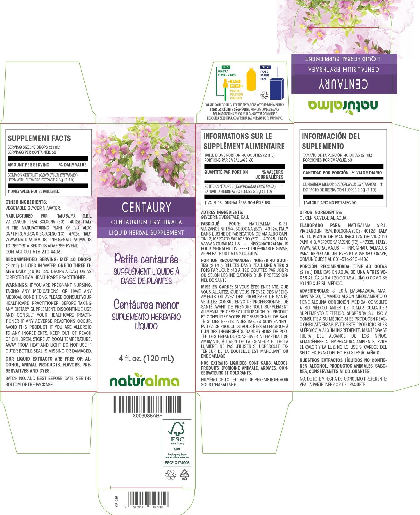 Naturalma Centaury (Centaurium erythraea) herb with flowers Alcohol-free Tincture - Liquid extract in drops - Herbal supplement - Vegan