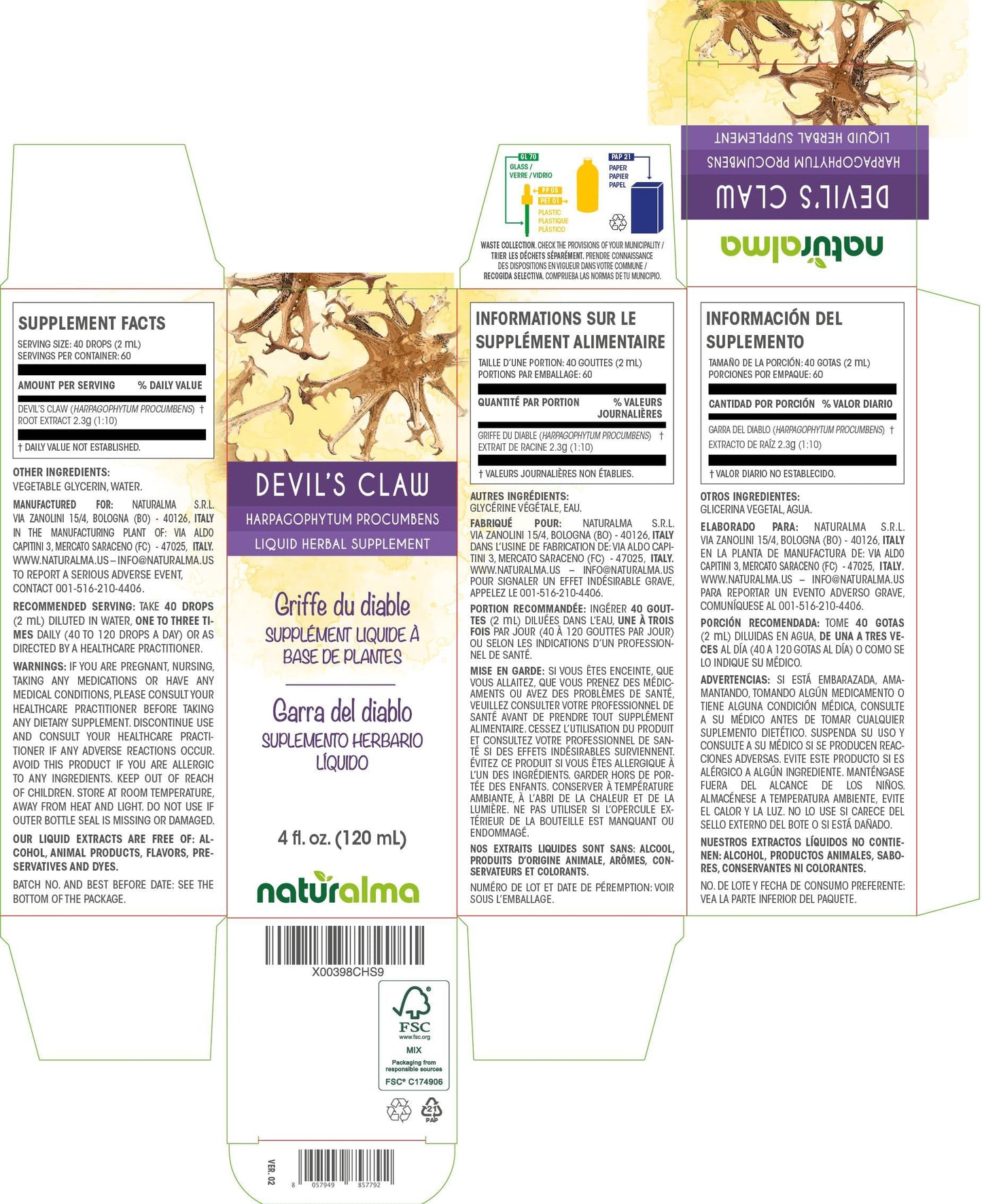 Naturalma Devil's Claw (Harpagophytum procumbens) Root Alcohol-Free Tincture - Liquid Extract in Drops - Herbal Supplement - Vegan